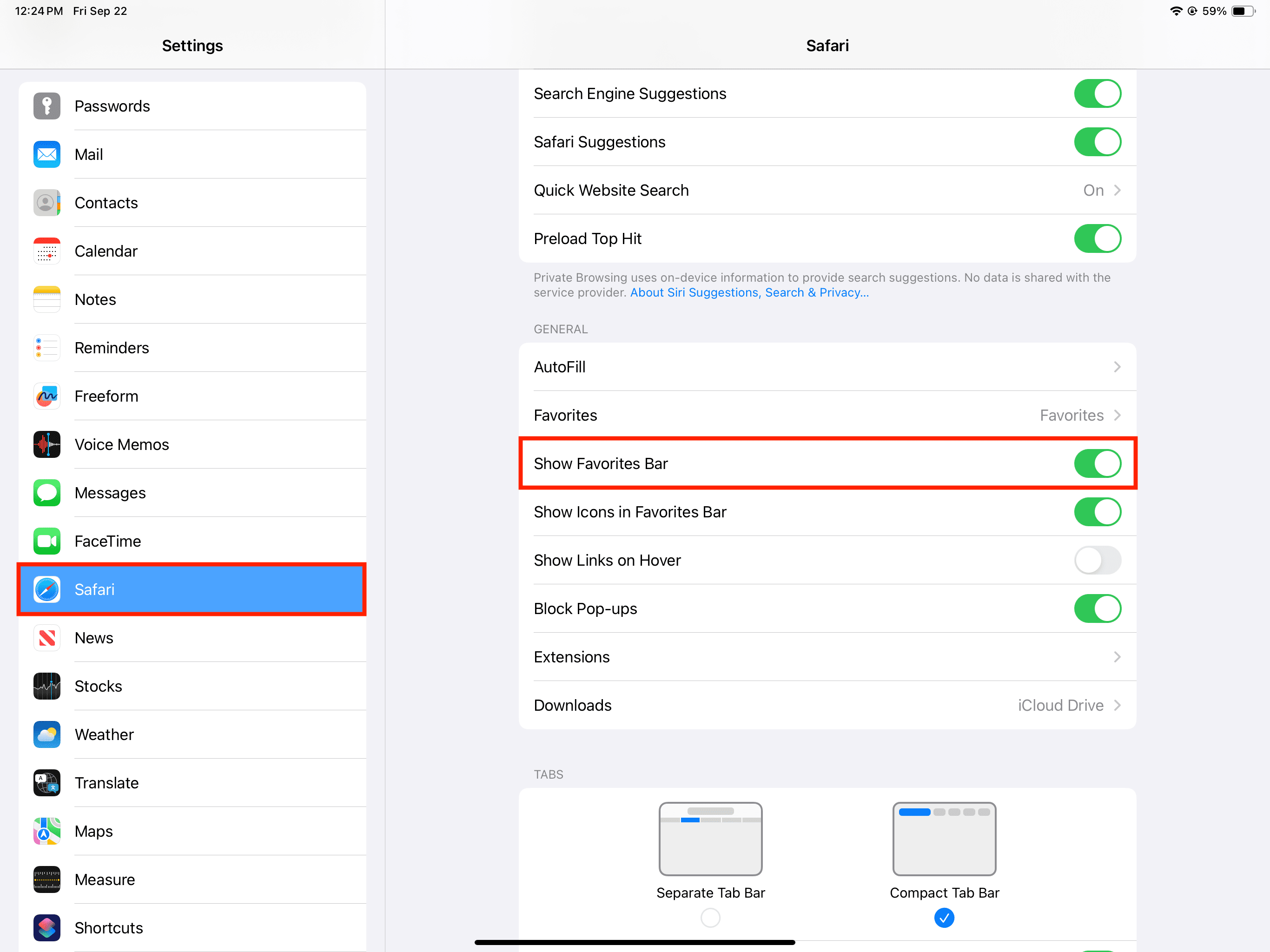 Show Favorites Bar in Safari on iPad