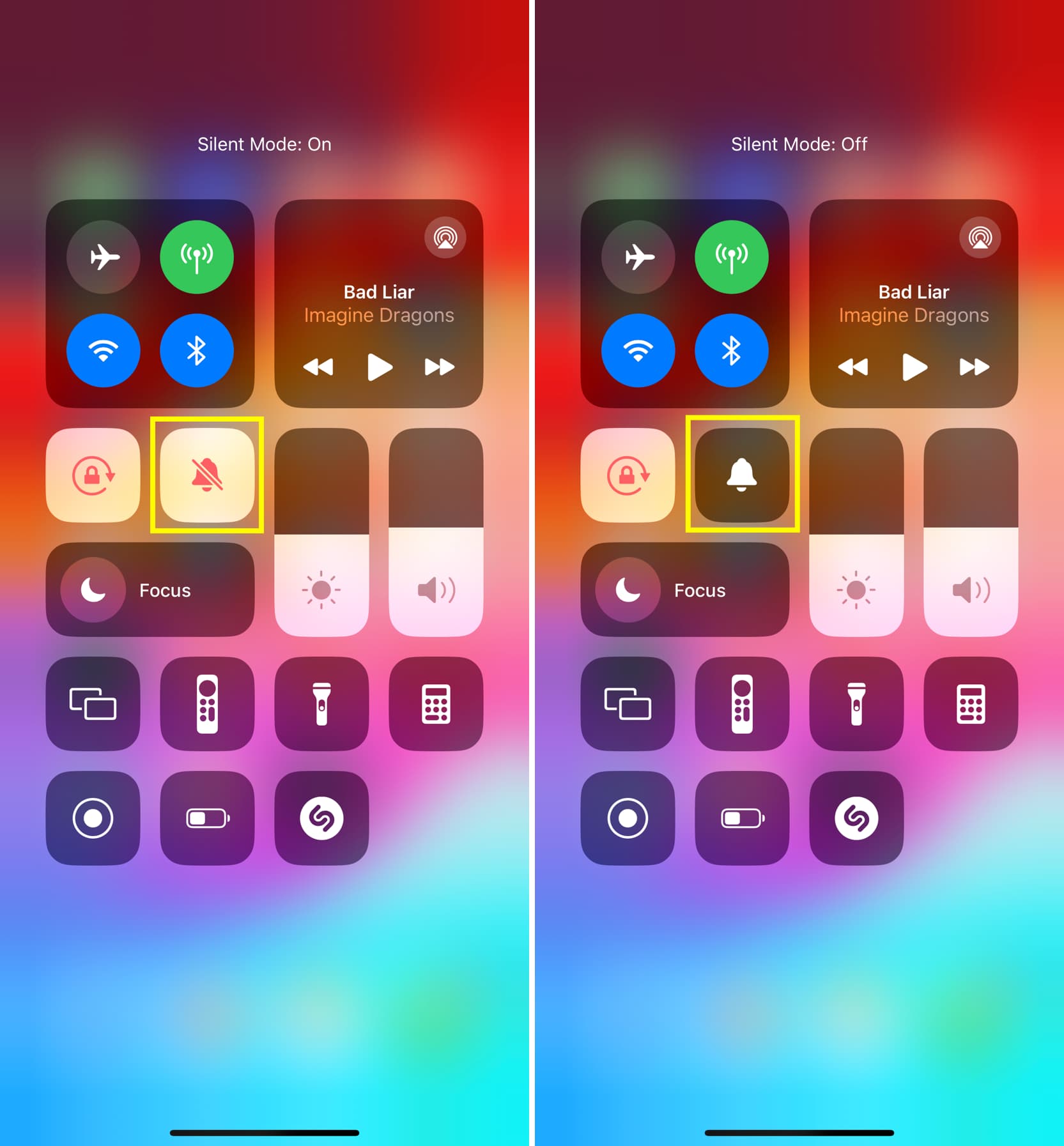 Silent Mode switched on and switched off in Control Center on iPhone 15 Pro Max