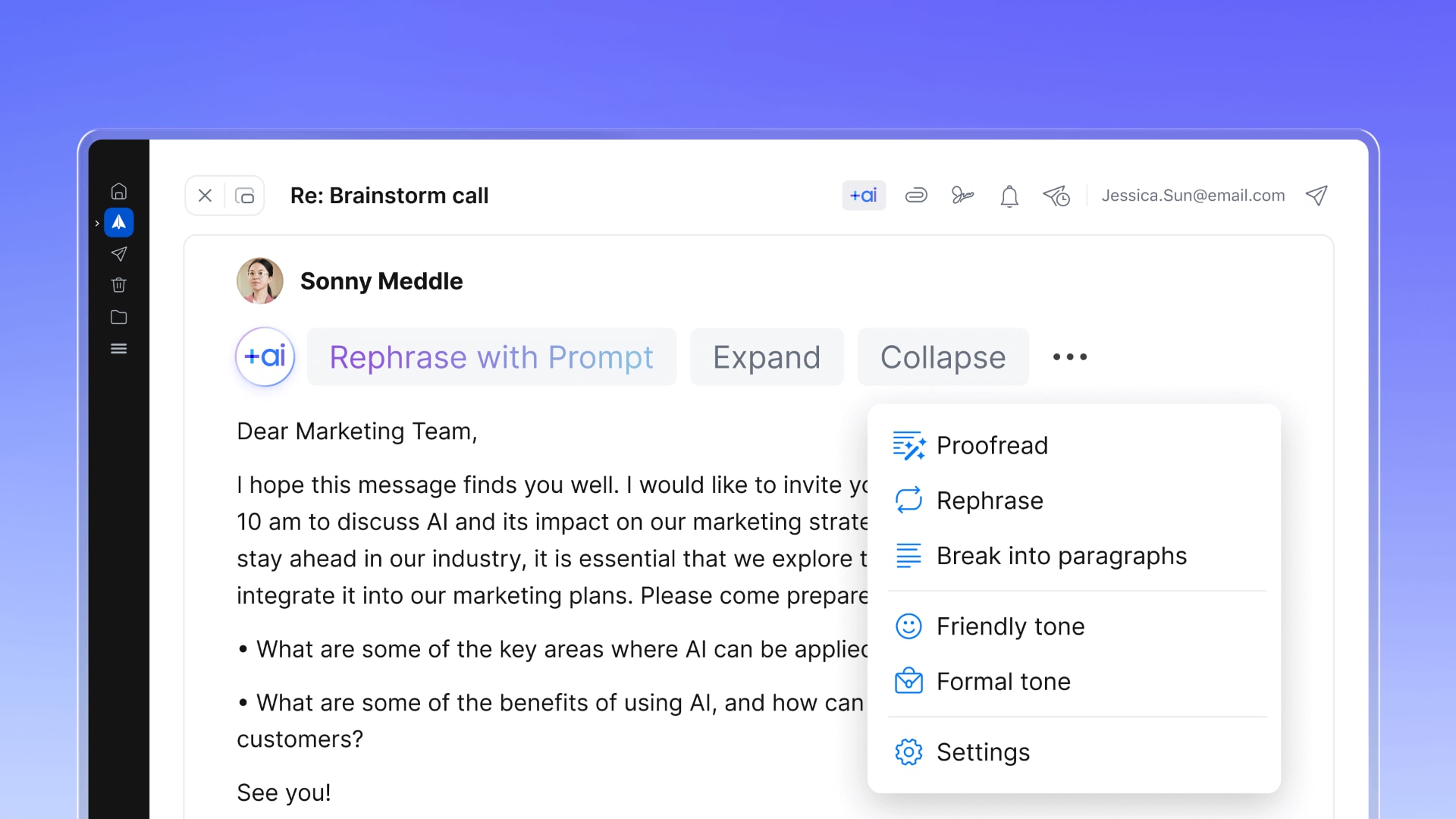 AI-assisted message drafting in the Spark Mail desktop app
