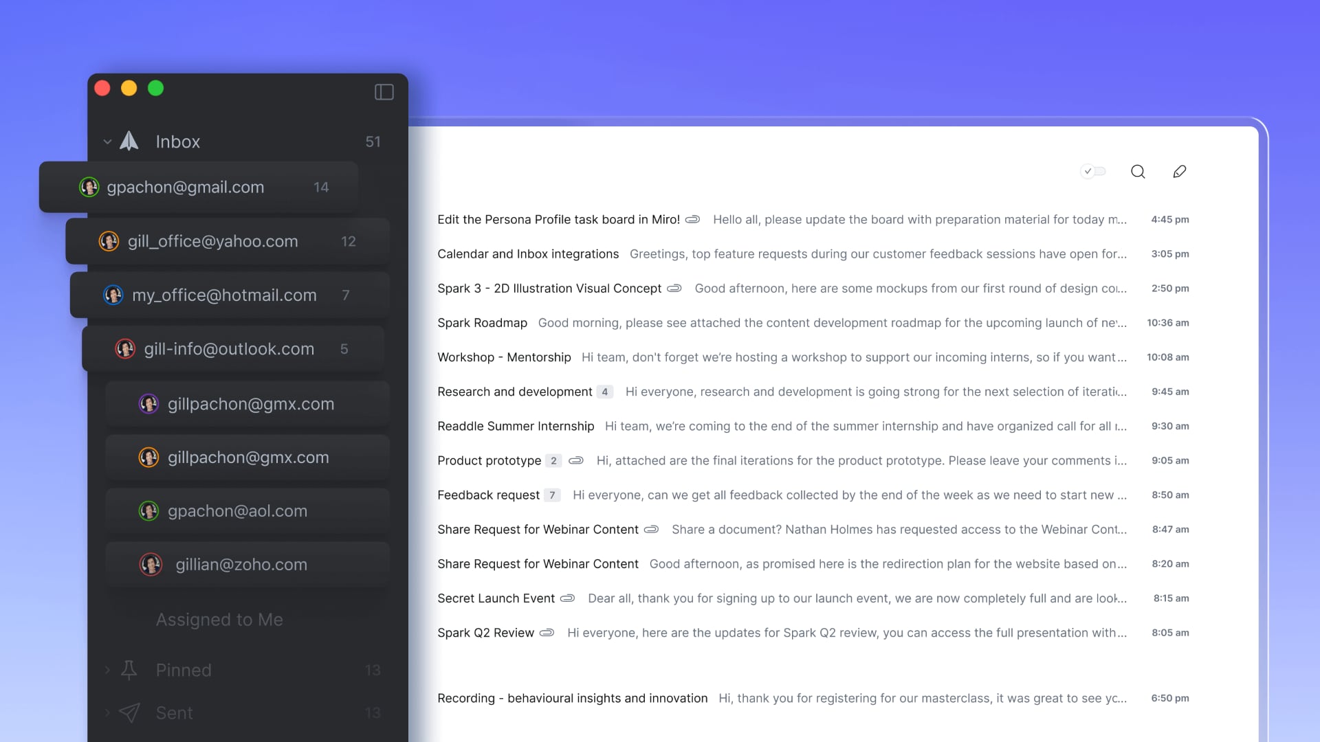 Unified inbox with multiple email accounts in the Spark Mail desktop app