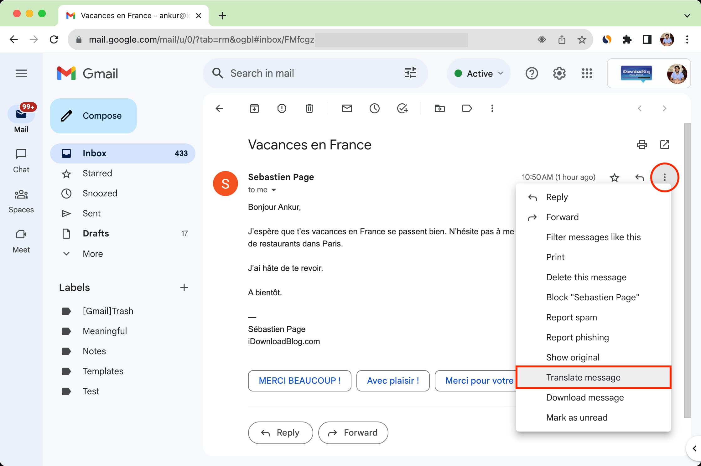 Translate message option in Gmail on computer