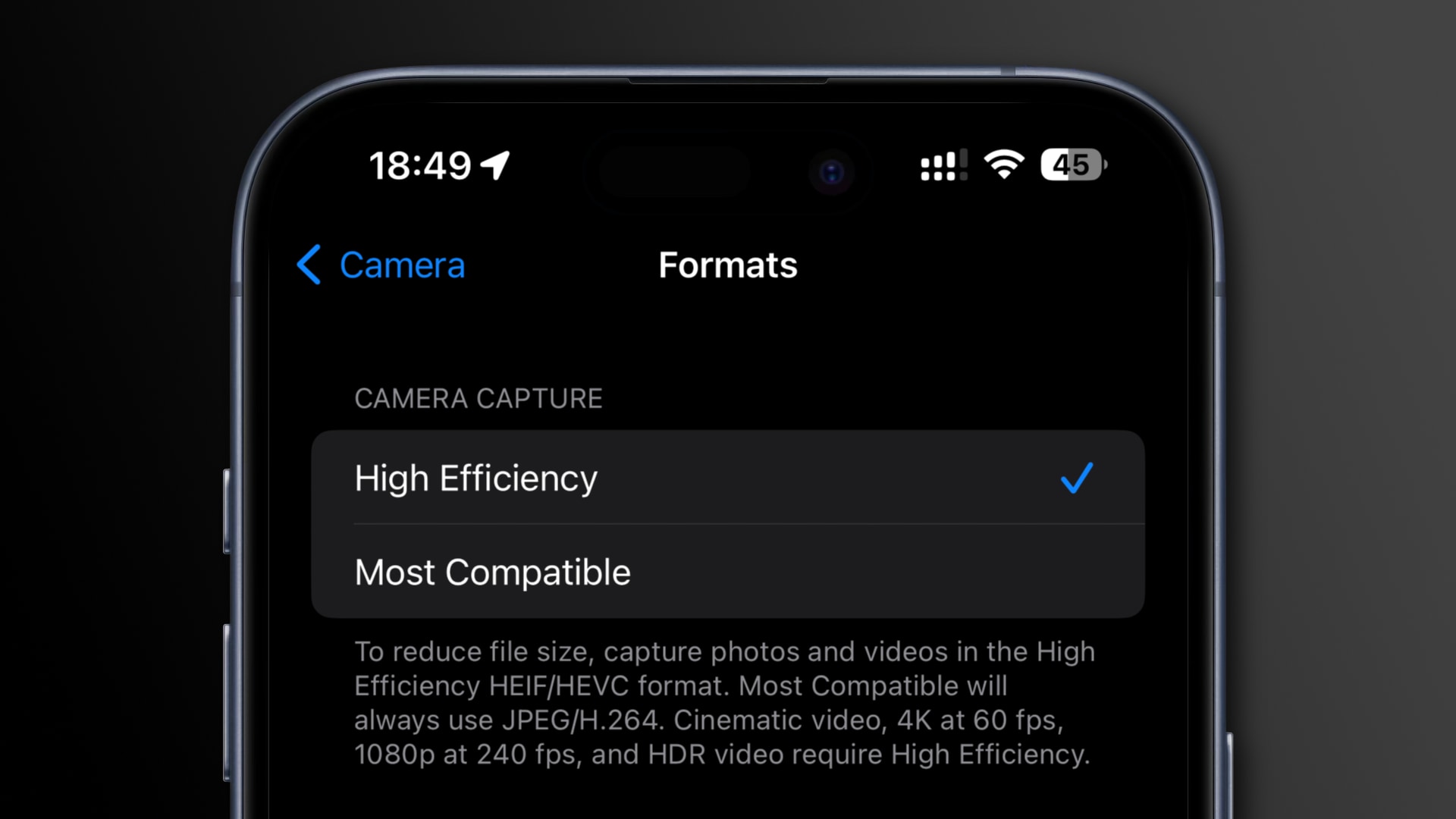 High Efficiency selected as the iPhone camera file format in the Settings app