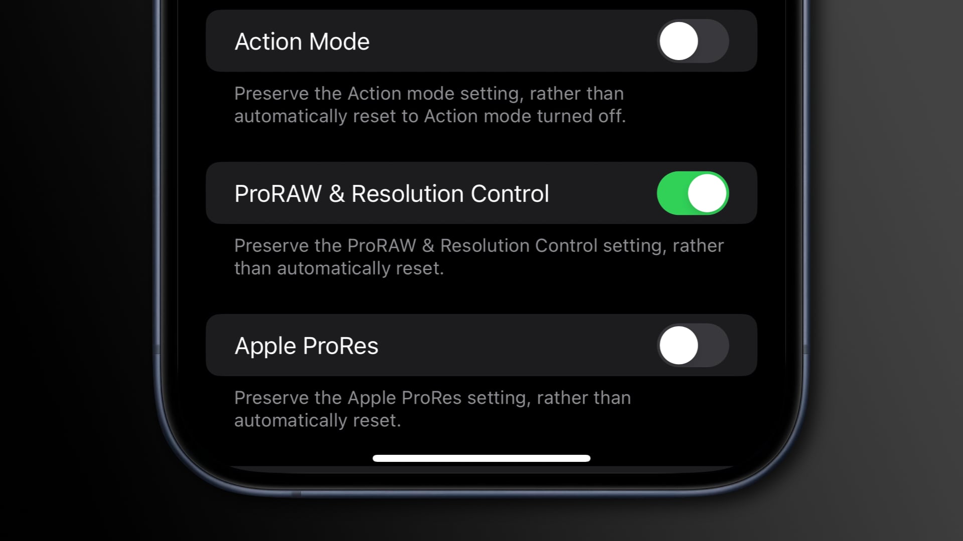 Preserving iPhone camera settings for ProRaw and resolution control