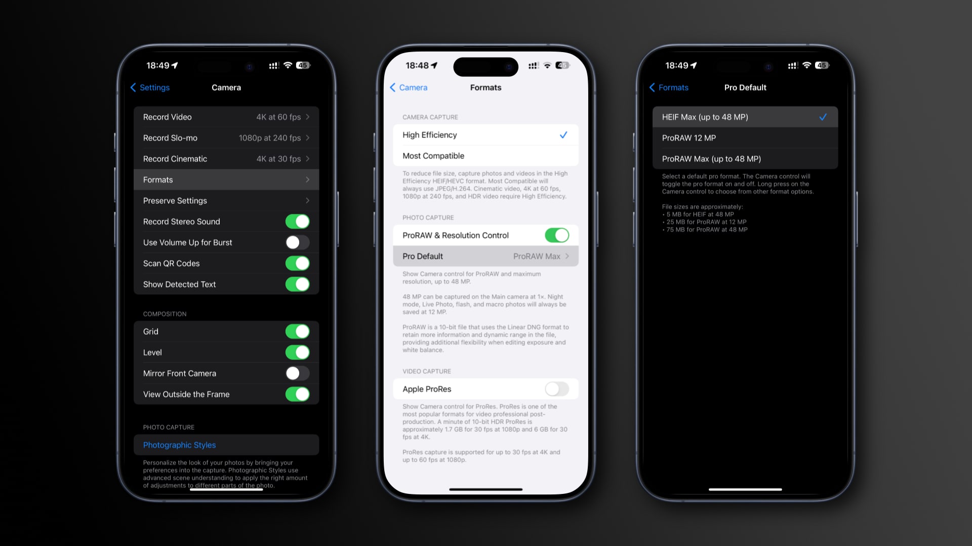 Setting the iPhone camera's pro default format to 48MP HEIFF