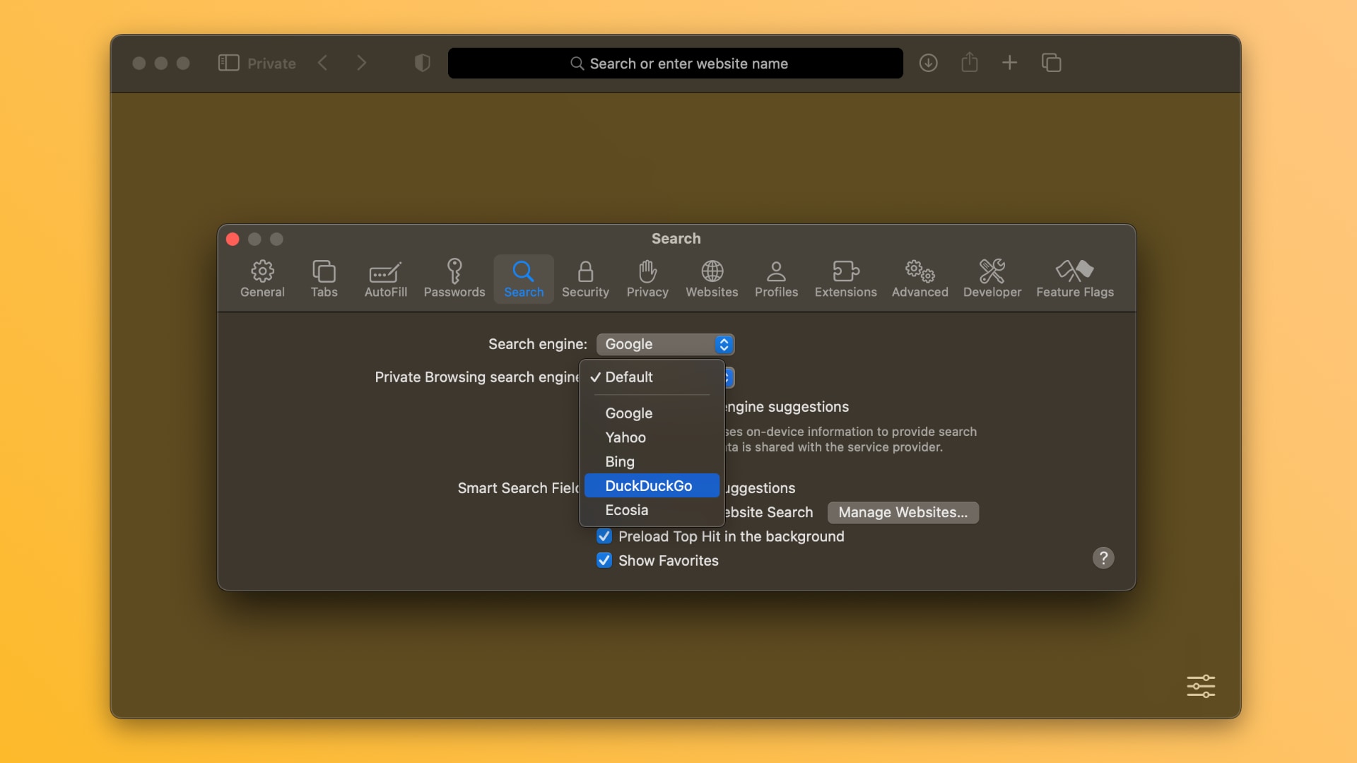 Setting DuckDuckGo as Safari's private search engine on macOS Sonoma