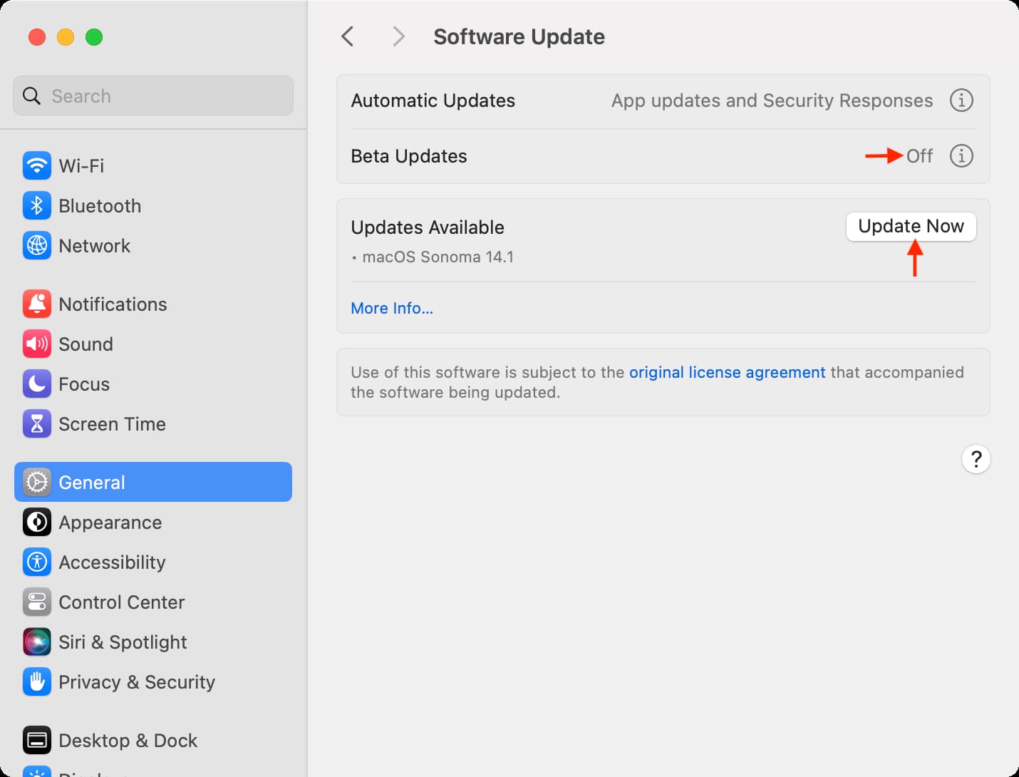 Beta updates off and a new update available in Mac System Settings