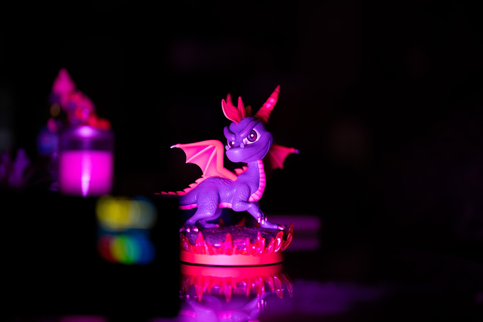 Purple light effects against Spyro the purple dragon.