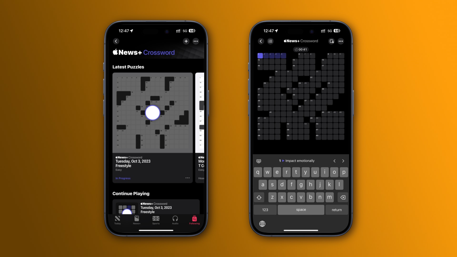 Solving a 15x15 crossword puzzle in Apple News+ on iPhone