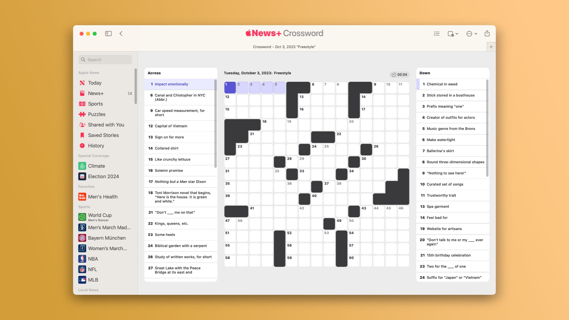 Solving a crossword puzzle in Apple News+ on Mac