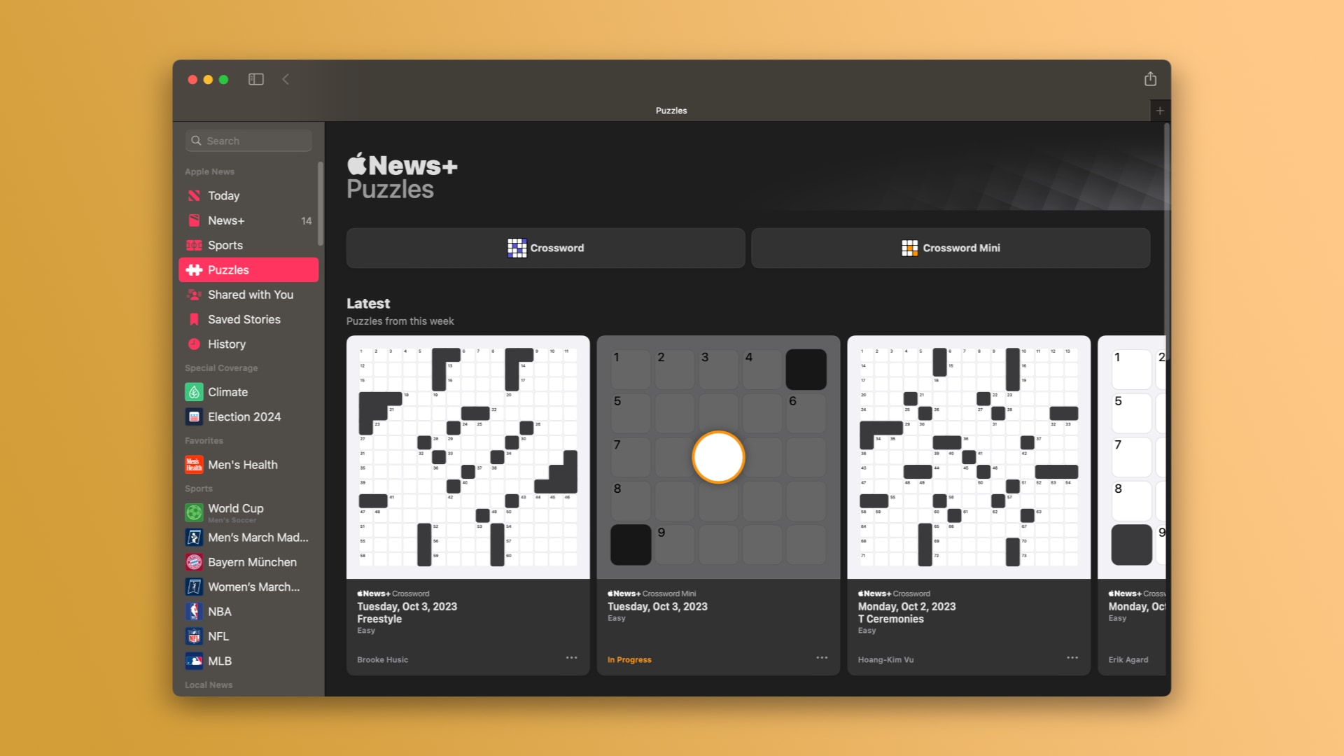 The crossword puzzles section in Apple News+ on Mac