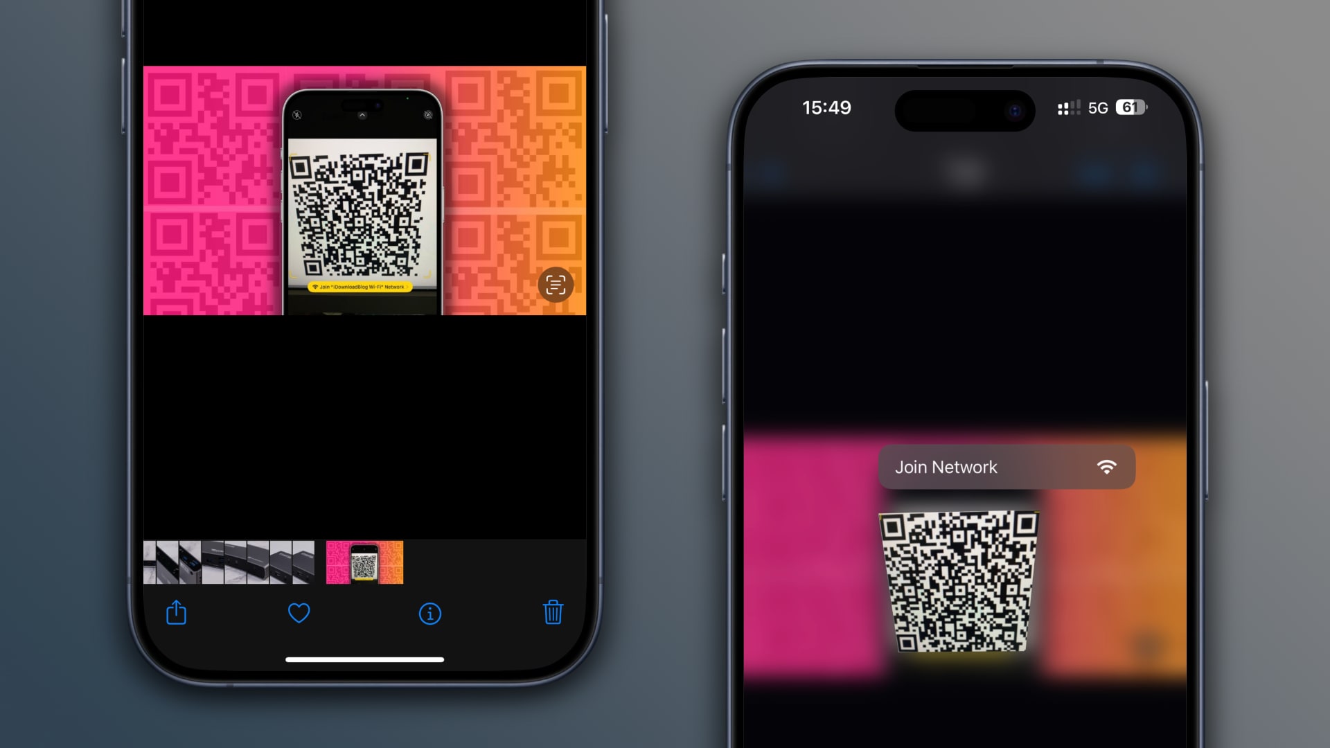 Scanning QR code from an image in the iPhone's Photos app to join a Wi-Fi network