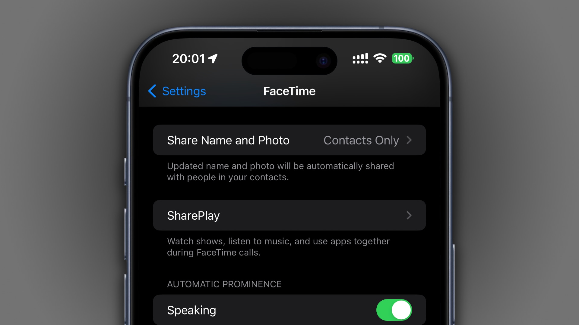 FaceTime settings iOS 17.2 showing the Contact Poster Sharing option 