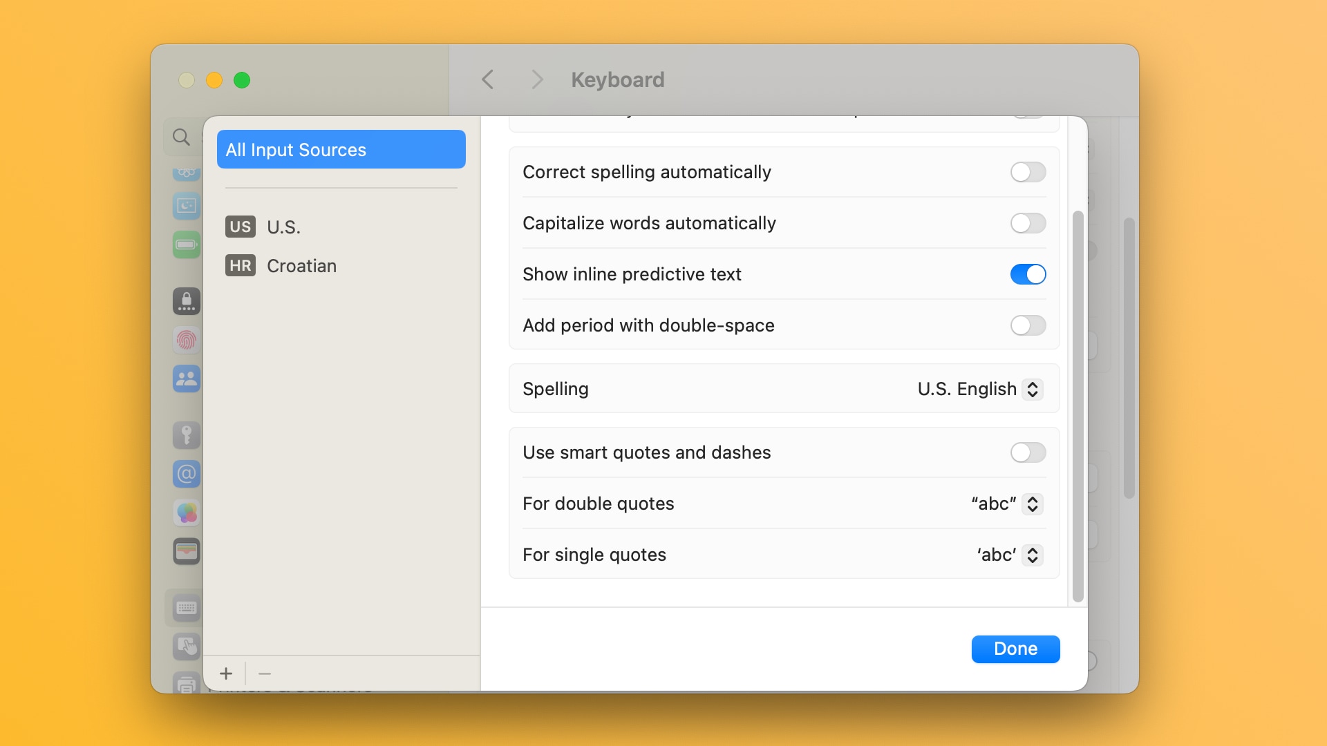 Keyboard settings in macOS 14.2 with inline text predictions enabled