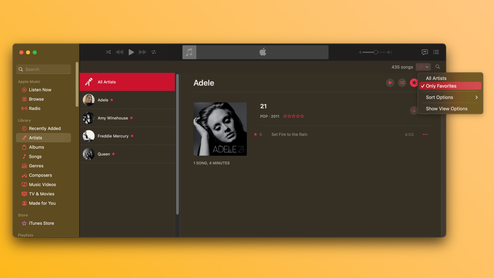 The macOS Music app filtering only favorited artists in the library 