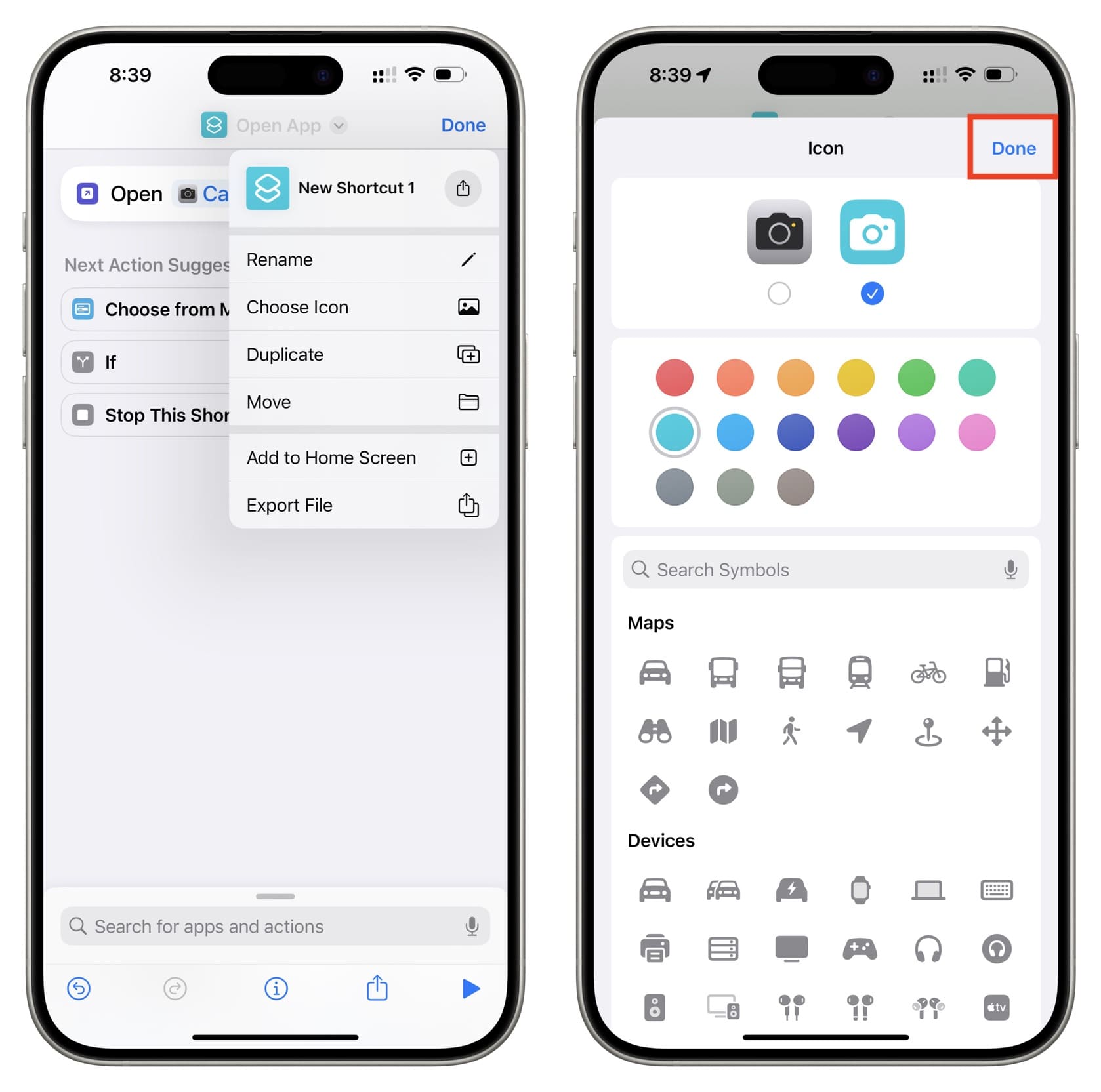 Choose Camera icon for the shortcut and tap Done