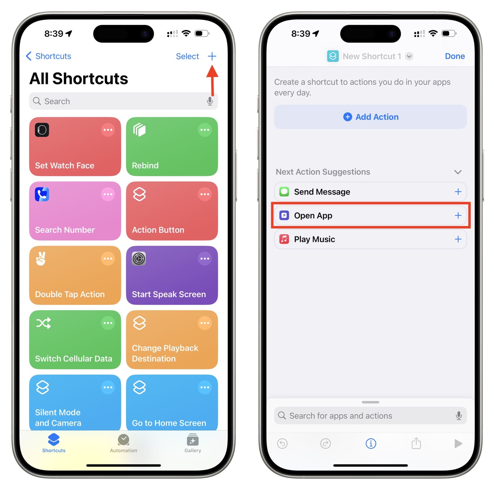 Create new shortcut and select Open App