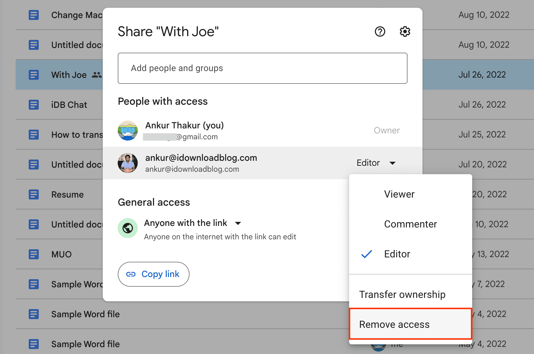 Remove access for shared Google Drive file on web