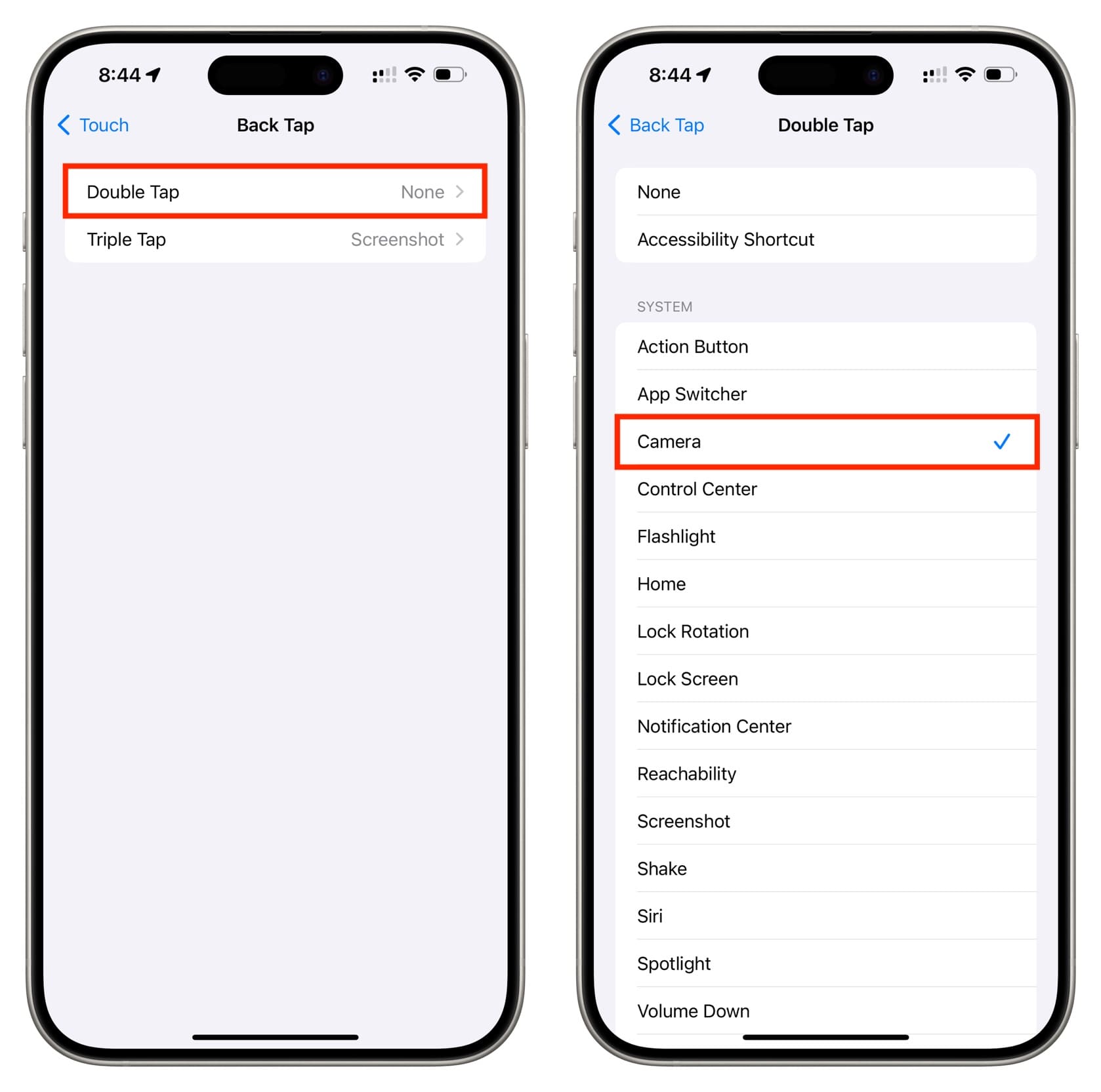 Set Back Tap Double Tap to Camera on iPhone