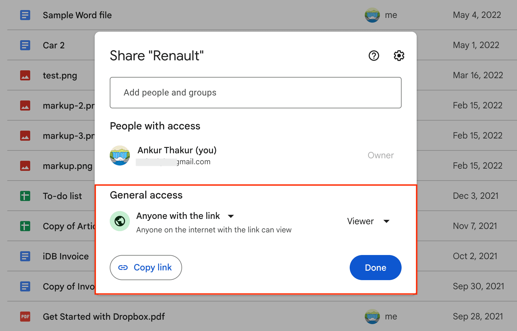 Set Google Drive files access to anyone with the link