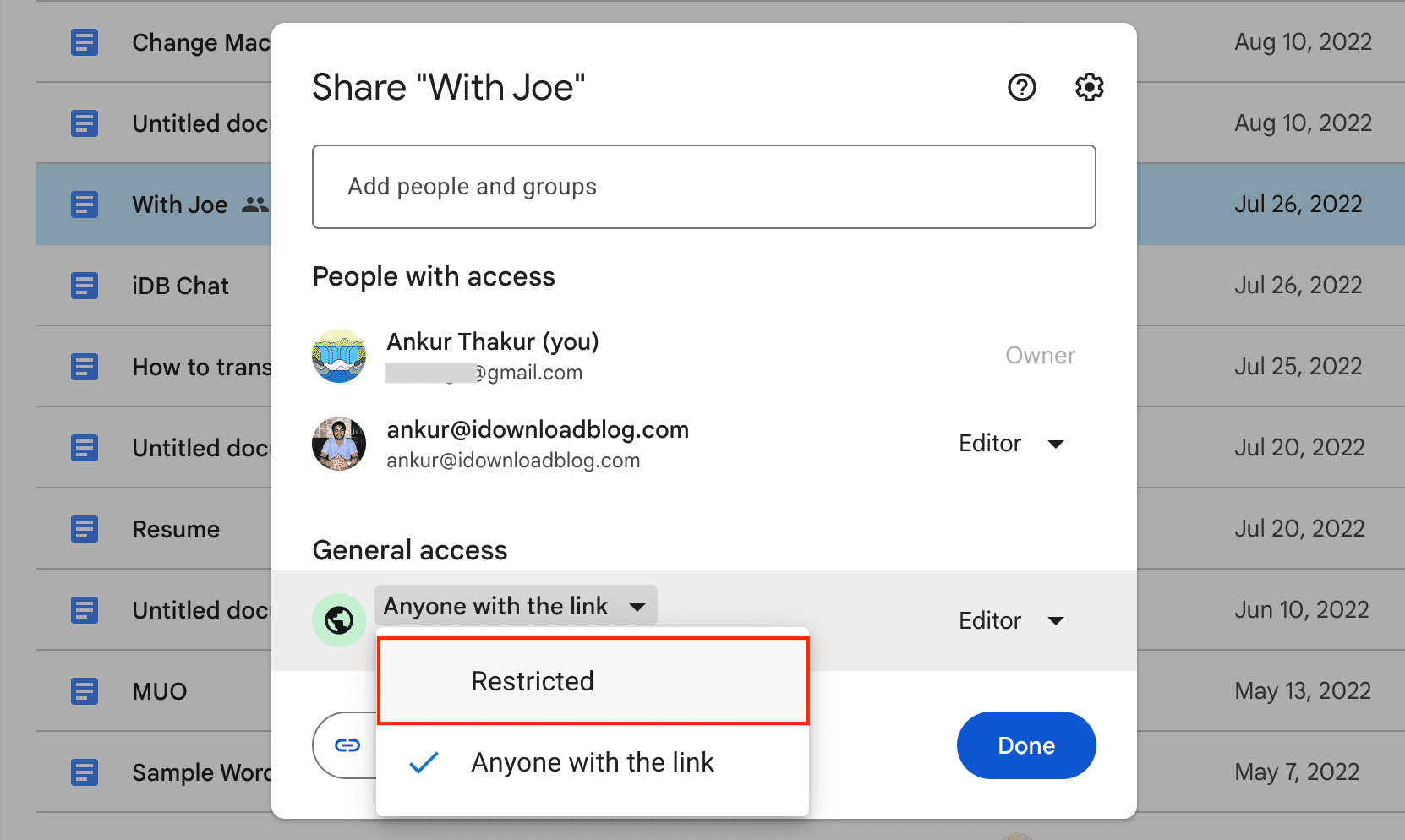 Set Shared Google Drive file to Restricted on web