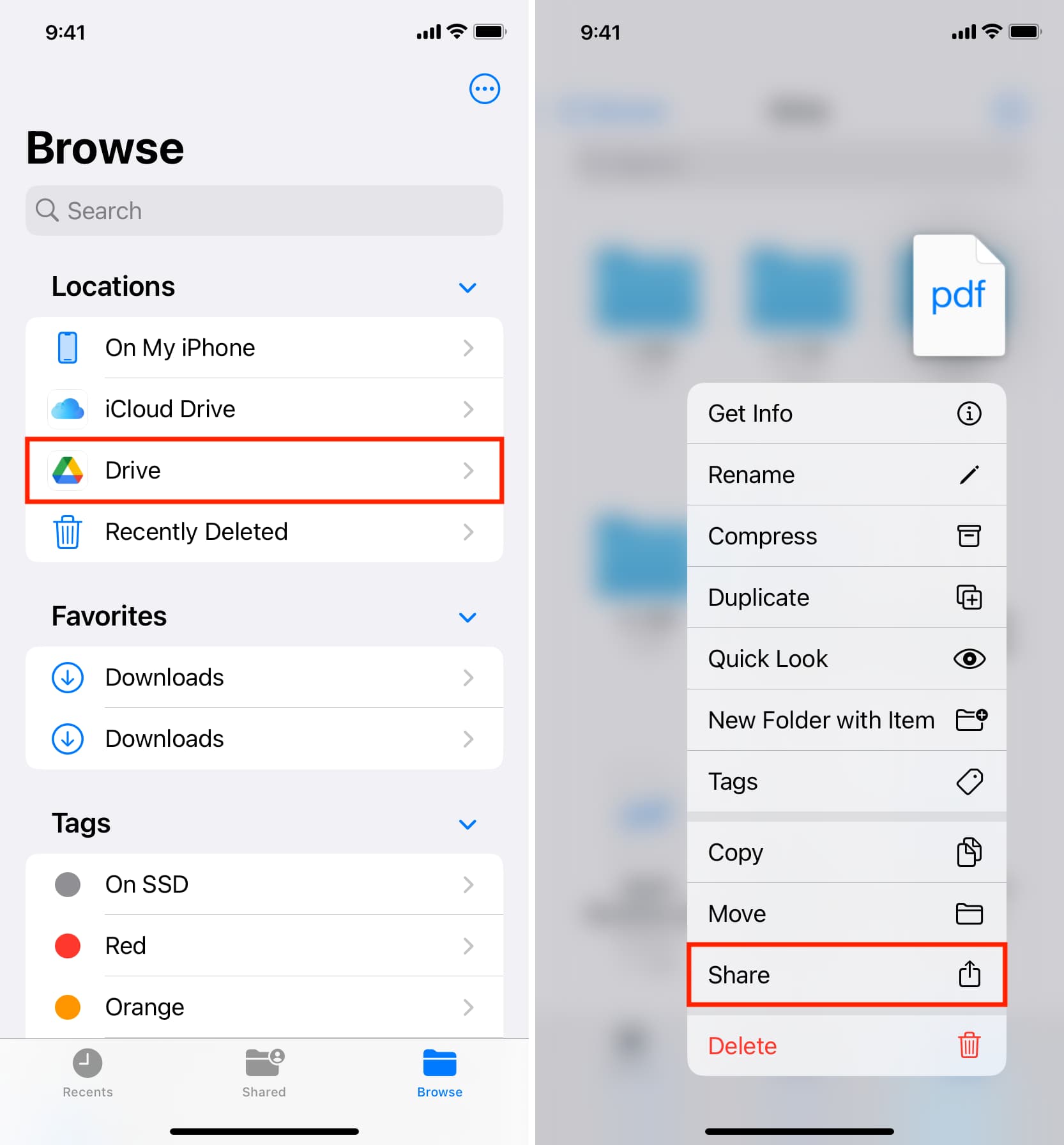 Share a Google Drive file from Files app on iPhone