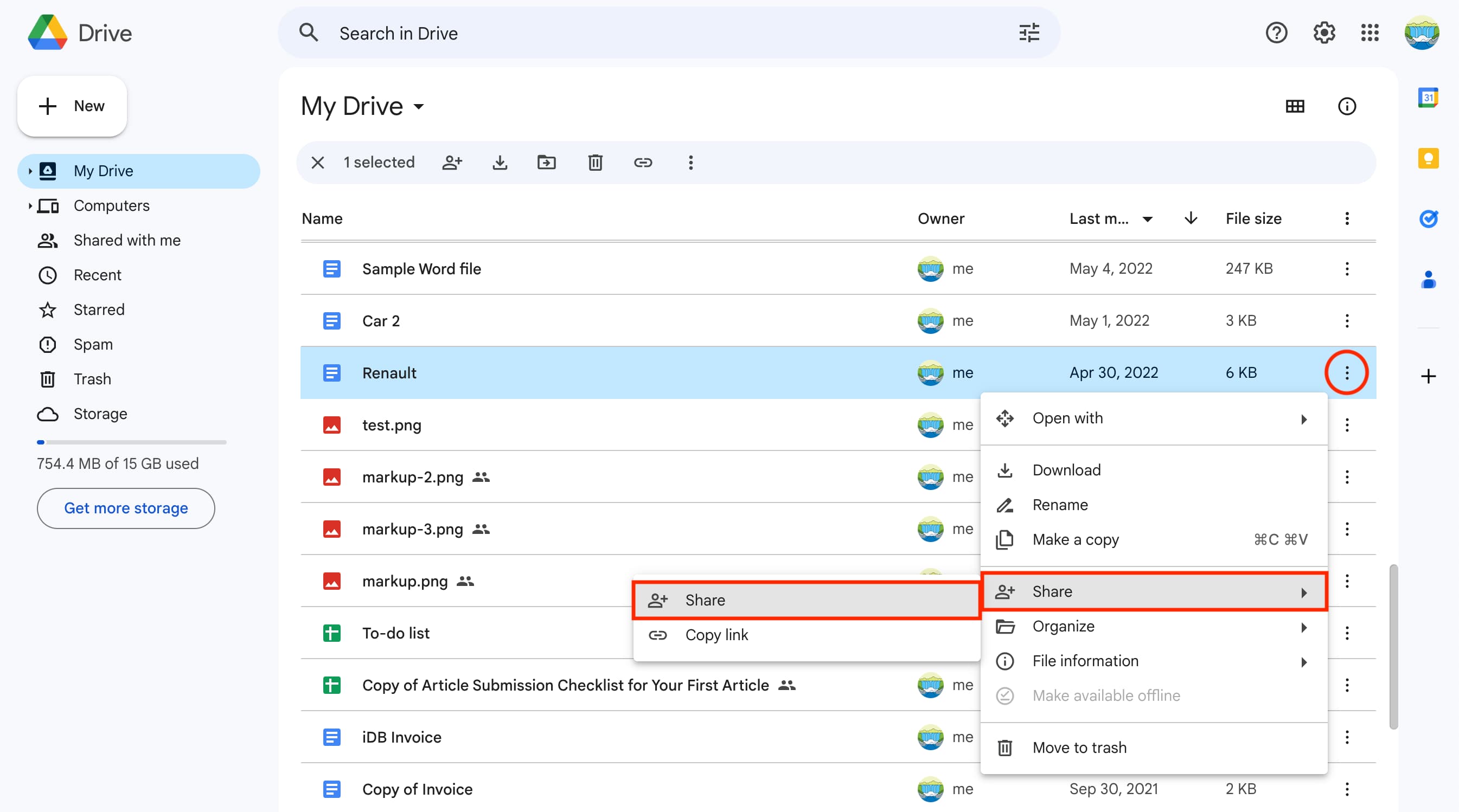 Share a file from Google Drive in computer browser