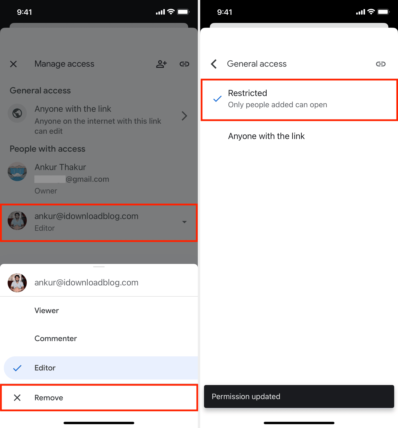 Stop sharing shared Google Drive file on iPhone