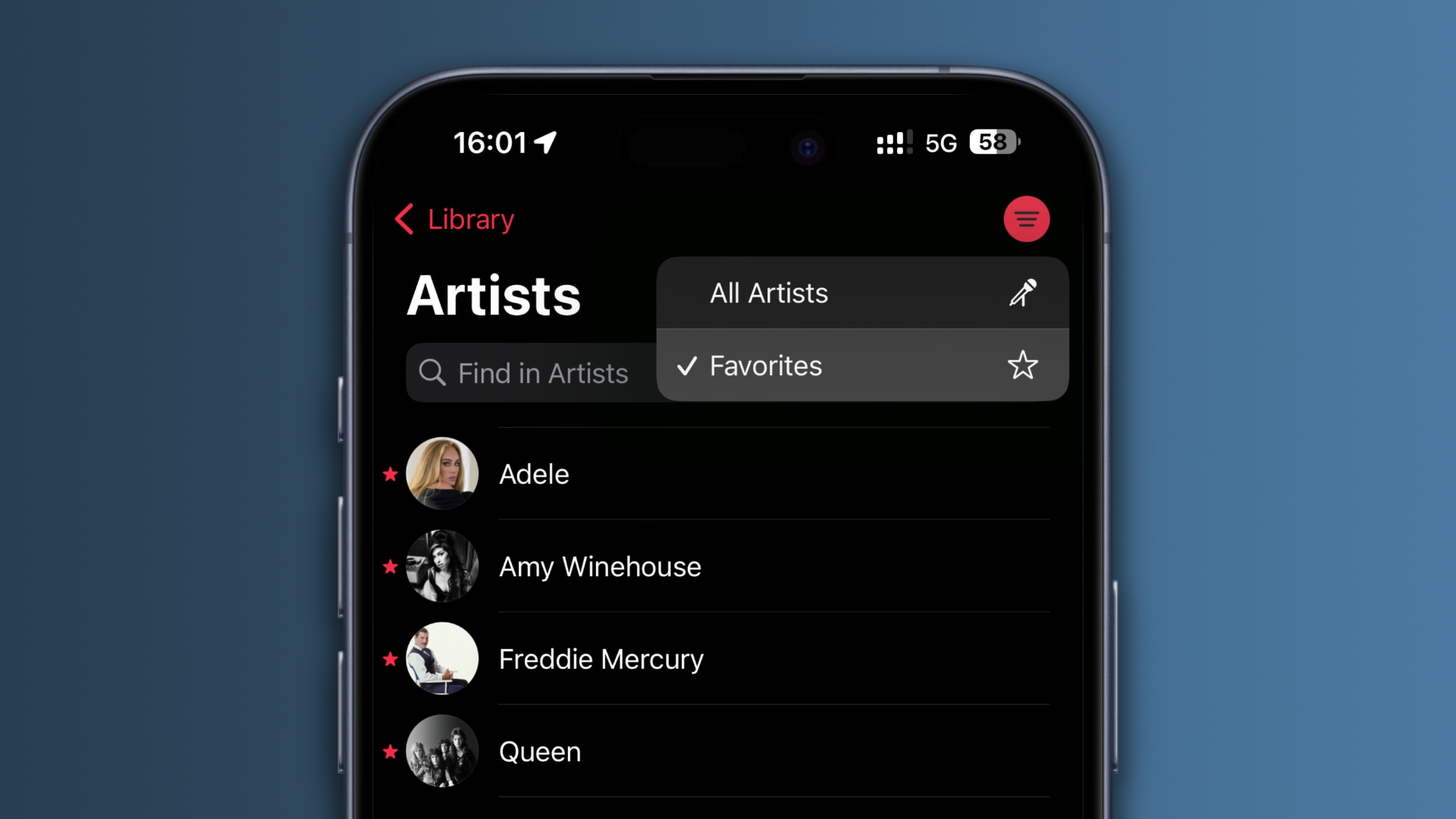 The iPhone's Music app filtering only favorited artists in the library 