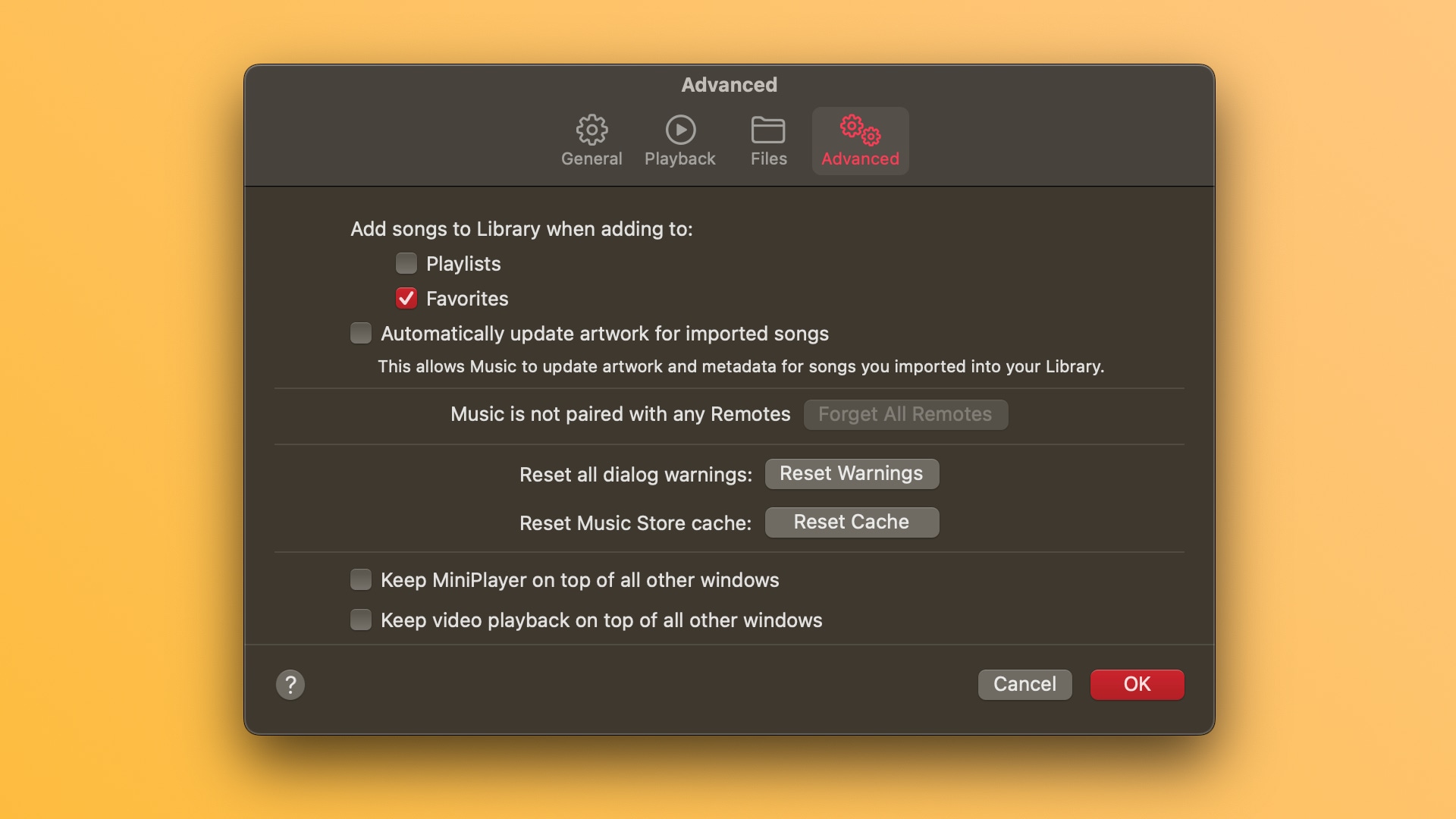 The macOS Music app settings with the option to automatically add favorite songs to the library enabled