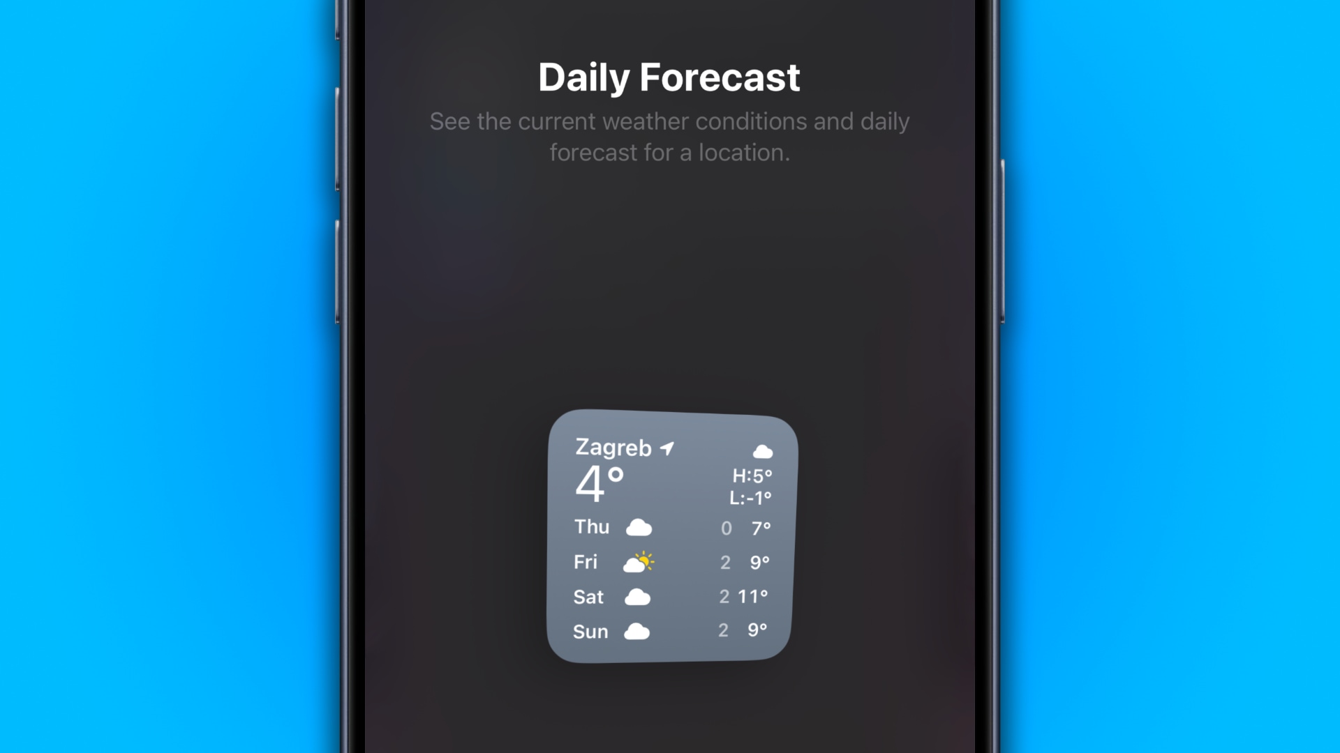 iOS 17.2's widget gallery showcasing the Daily Forecast widget for Apple Weather