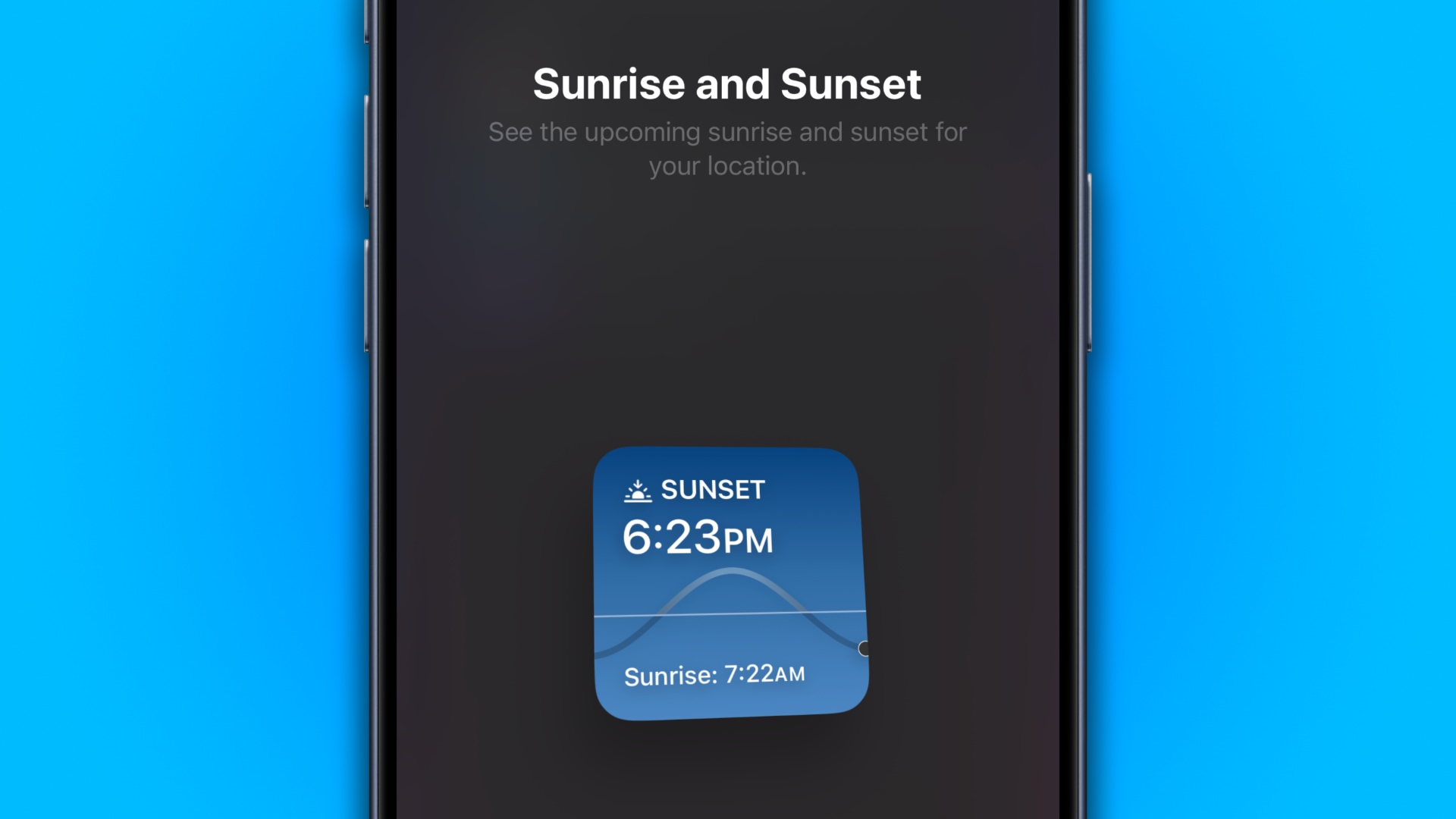 iOS 17.2's widget gallery showcasing the Sunrise and Sunset widget for Apple Weather