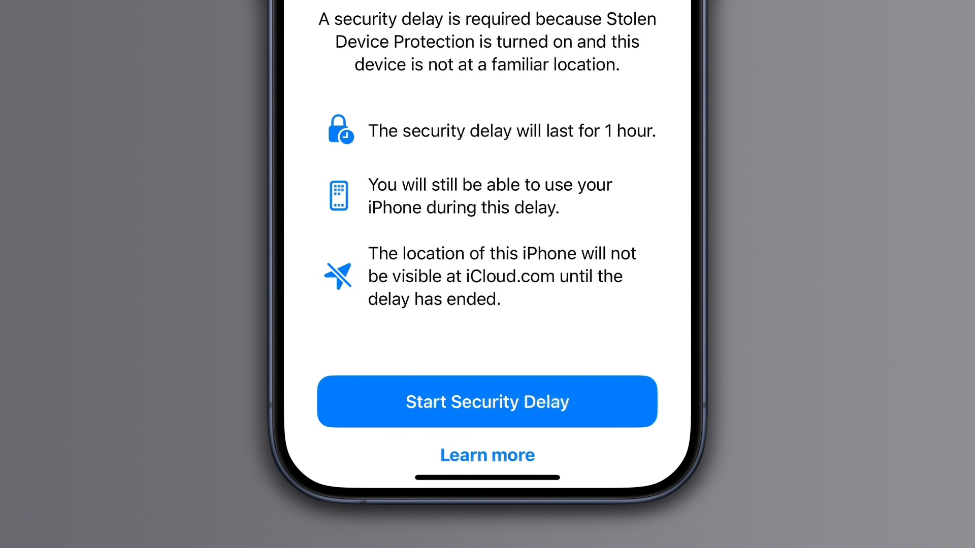 The iPhone's Stolen Device Protection feature delaying a passcode change attempt 