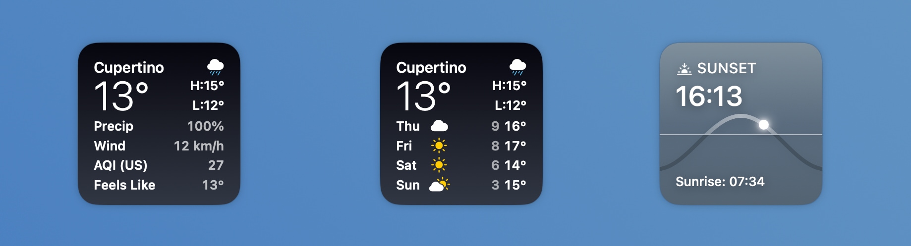 macOS desktop with 3 Apple weather widgets: Details, Daily Forecast, Sunrise and Sunset