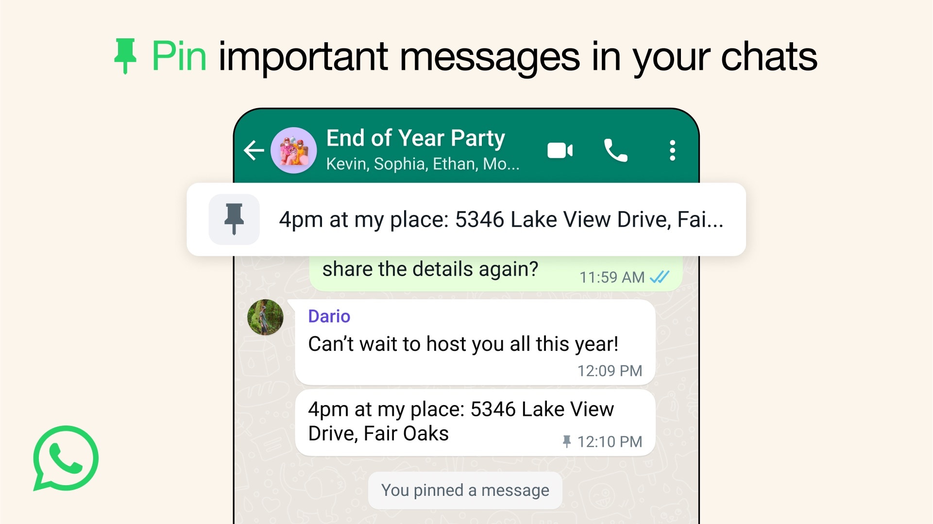 Marketing image showcasing message pinning in WhatsApp