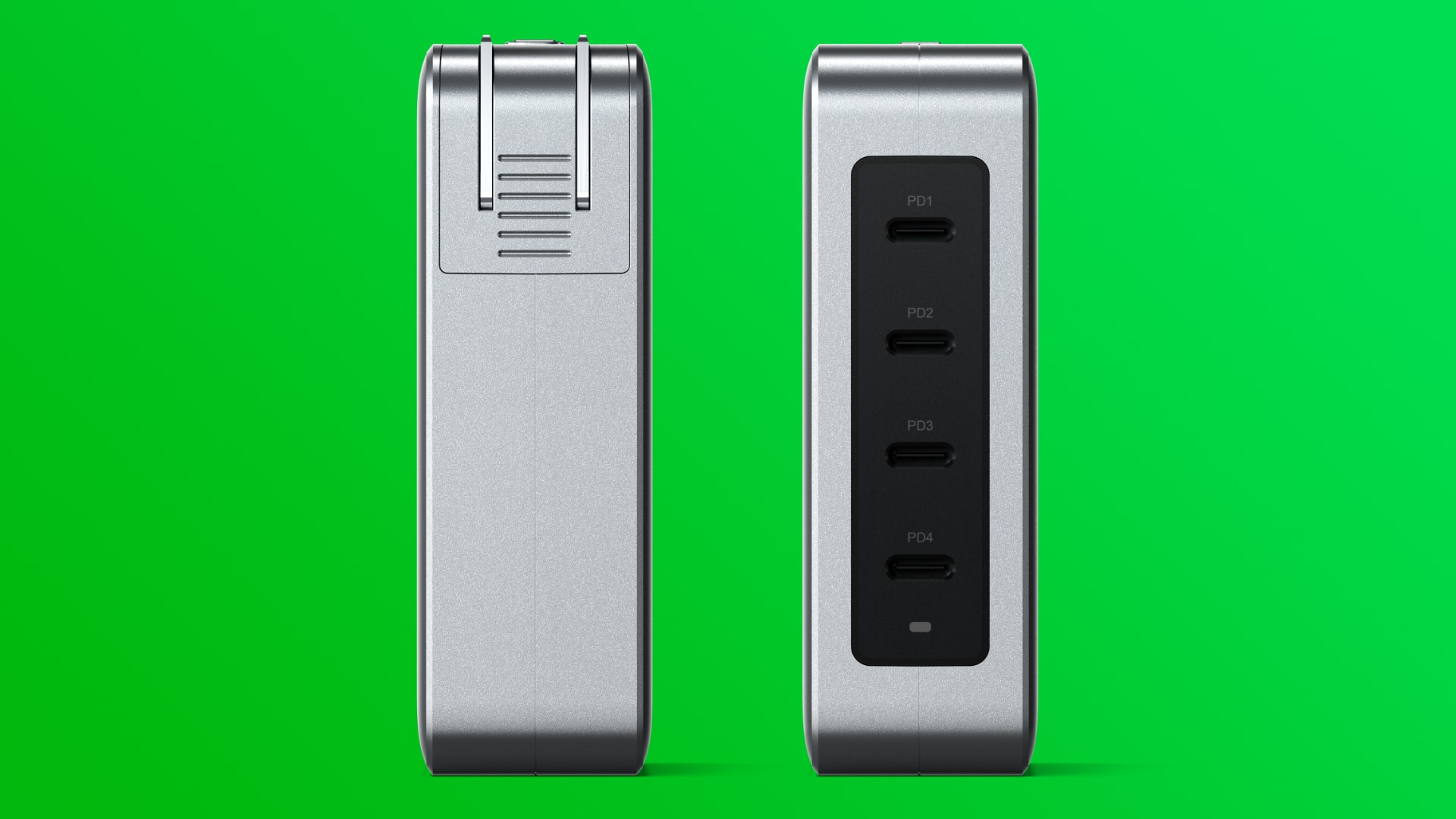 The front and back of Satechi's 145W four-port USB-C travel charger