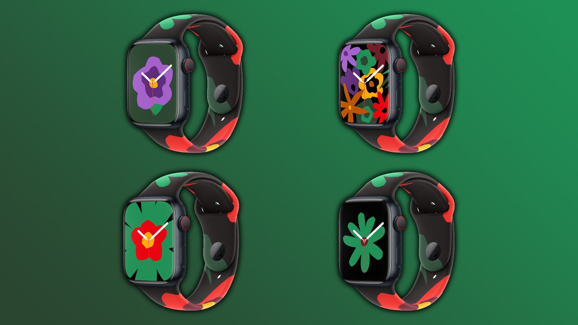 Four Apple Watches showcasing different 2024 Black Unity watch face designs, set against a dark green gradient