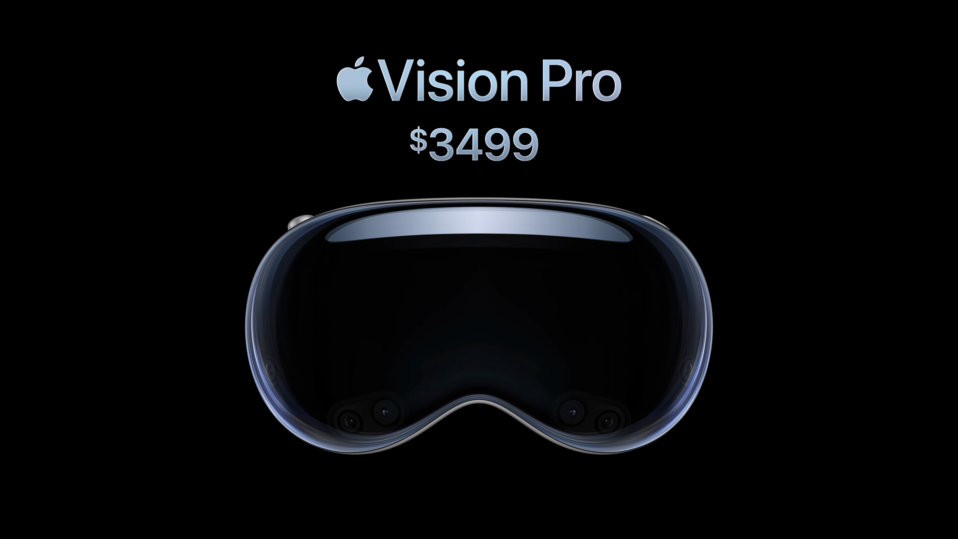 Vision Pro headset along with its name and price, set against a solid dark background