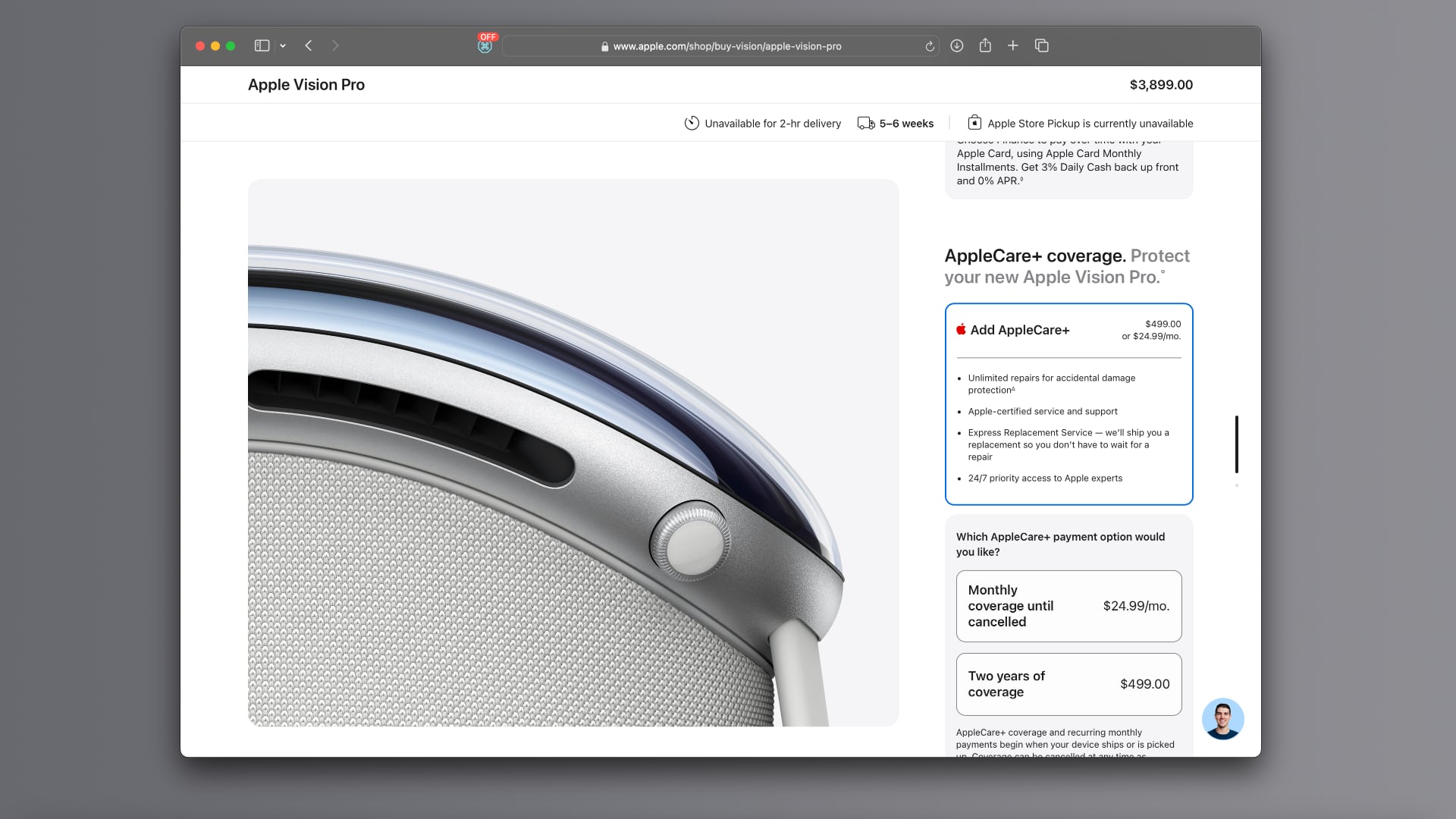 Choosing optional AppleCare coverage when buying Vision Pro from Apple's website