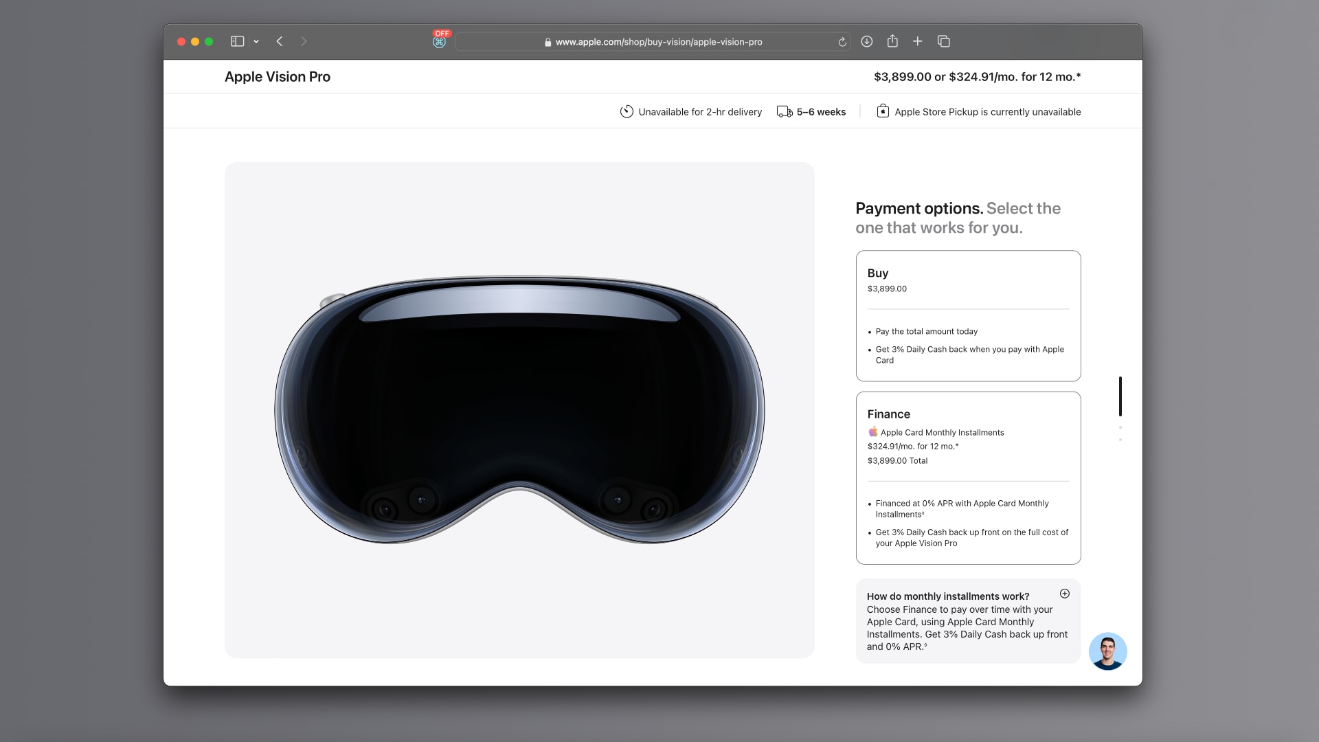 Payment options when buying Vision Pro from Apple's website