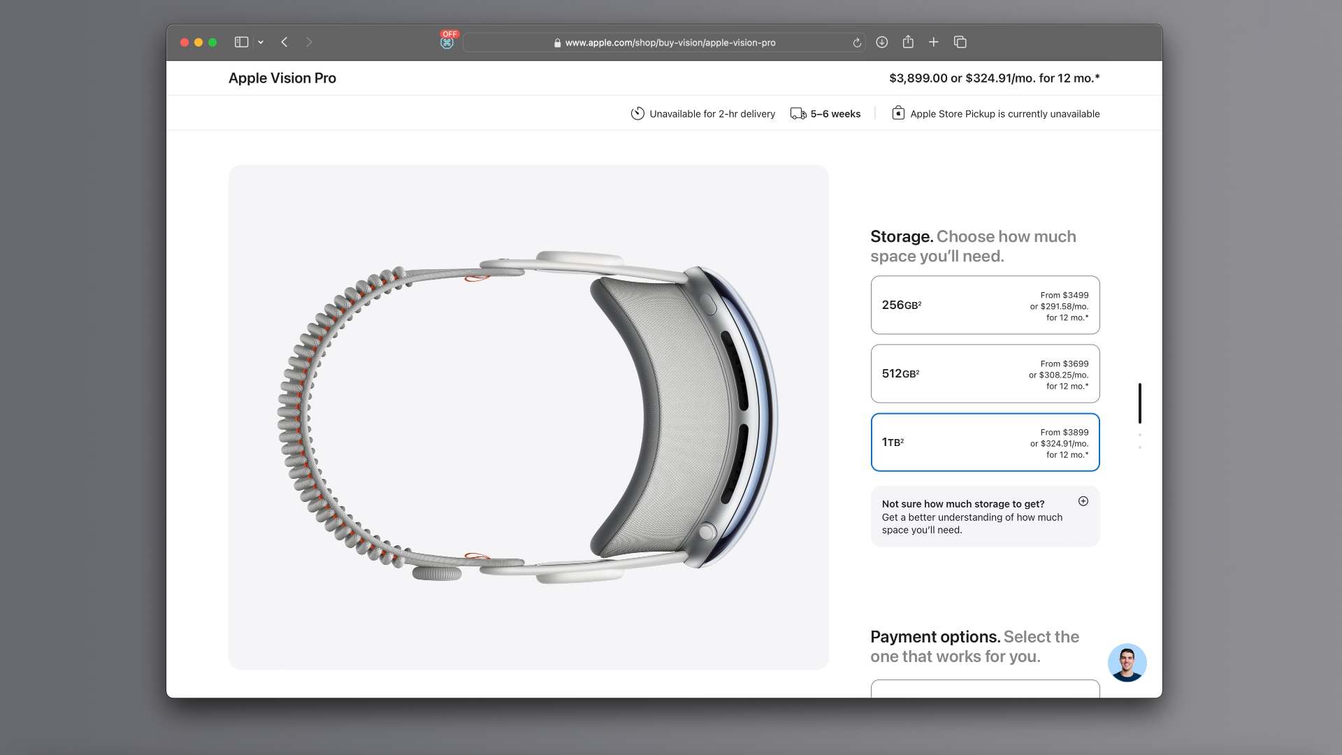 Storage section when buying Vision Pro from Apple's website