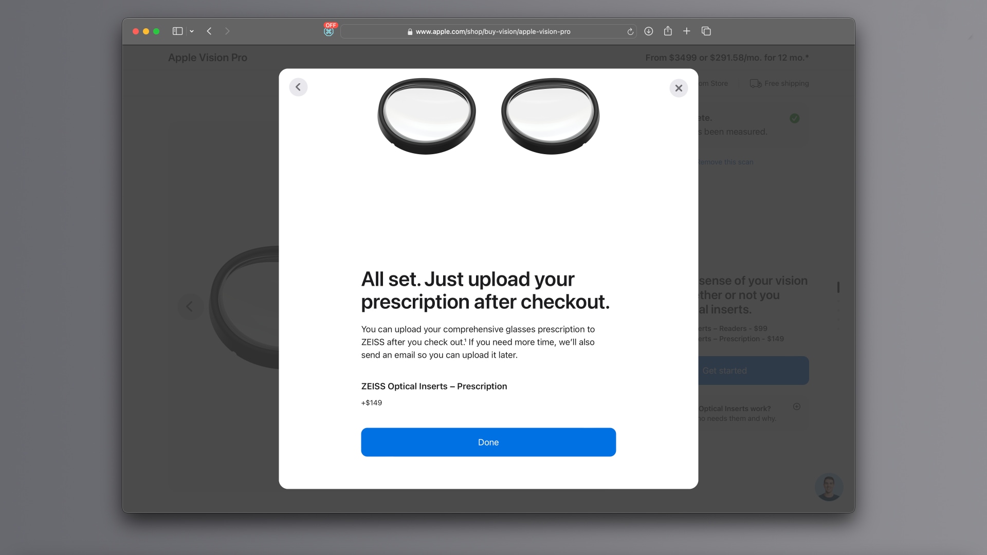 Choosing ZEISS optical inserts when buying Vision Pro from Apple's website