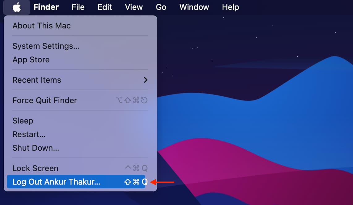 Click Apple menu and log out current use on Mac