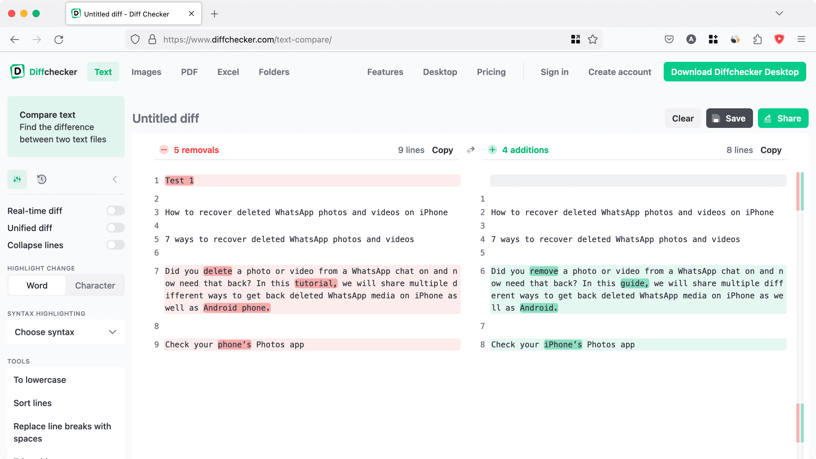 Diffchecker to compare text between two documents