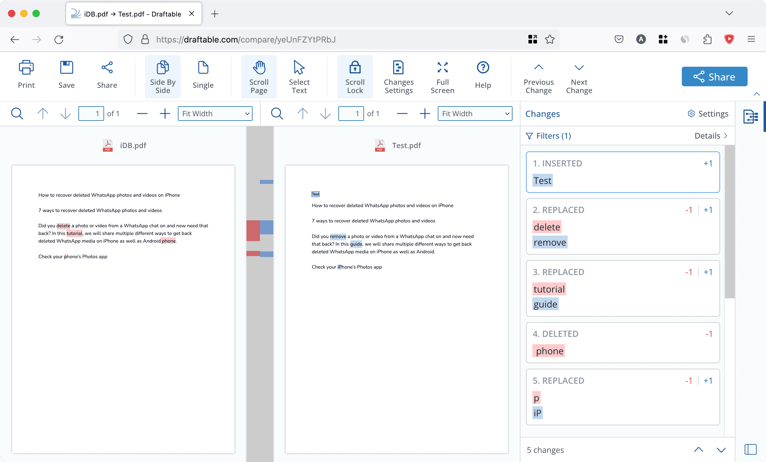 Draftable to compare text