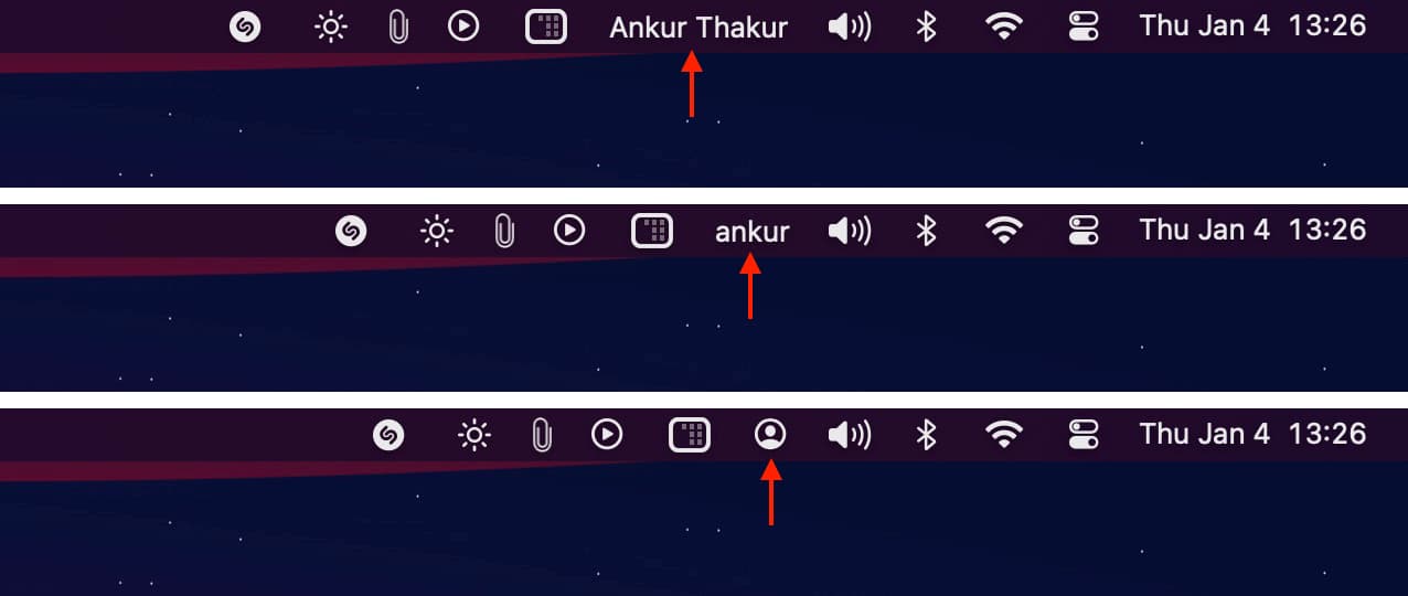 Full name, account name, and fast user switching icon in Mac menu bar