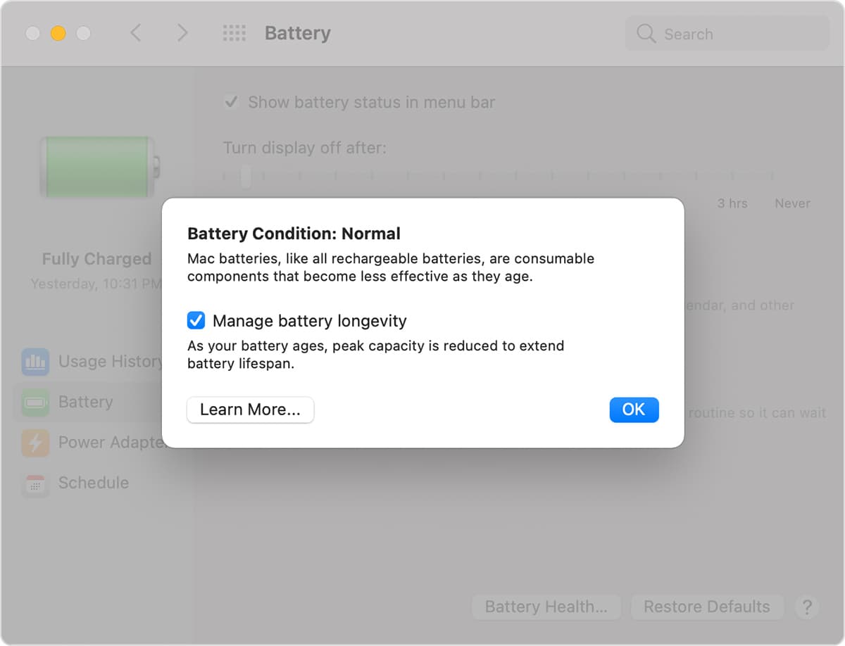 Manage battery longevity in MacBook Settings