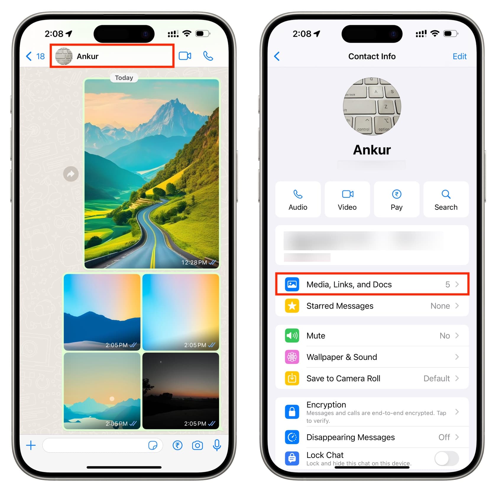 Media, Links, and Docs for a WhatsApp chat on iPhone