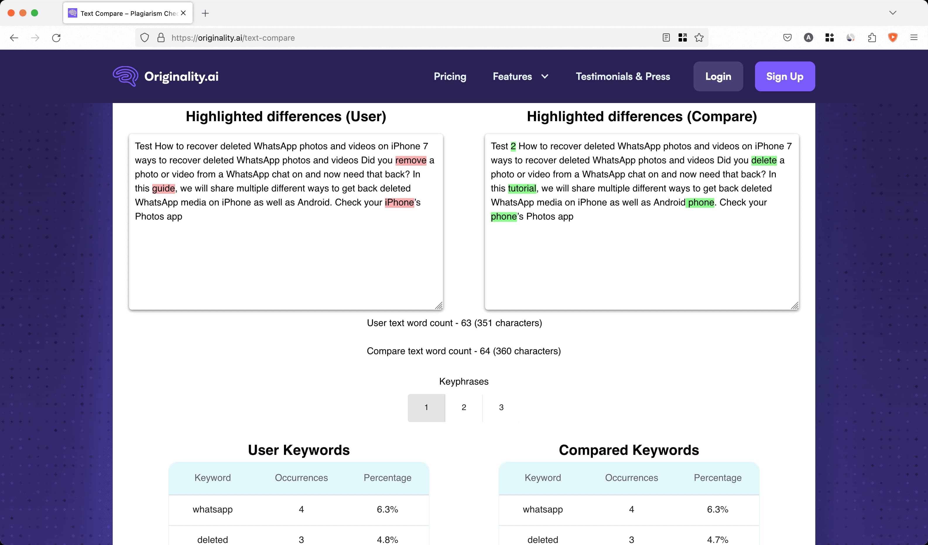 Originality AI to compare text