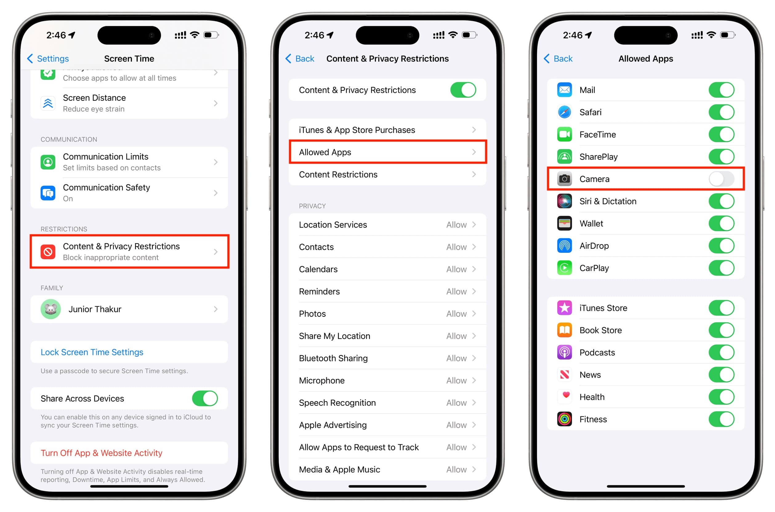 Restrict Camera from iPhone Screen Time settings