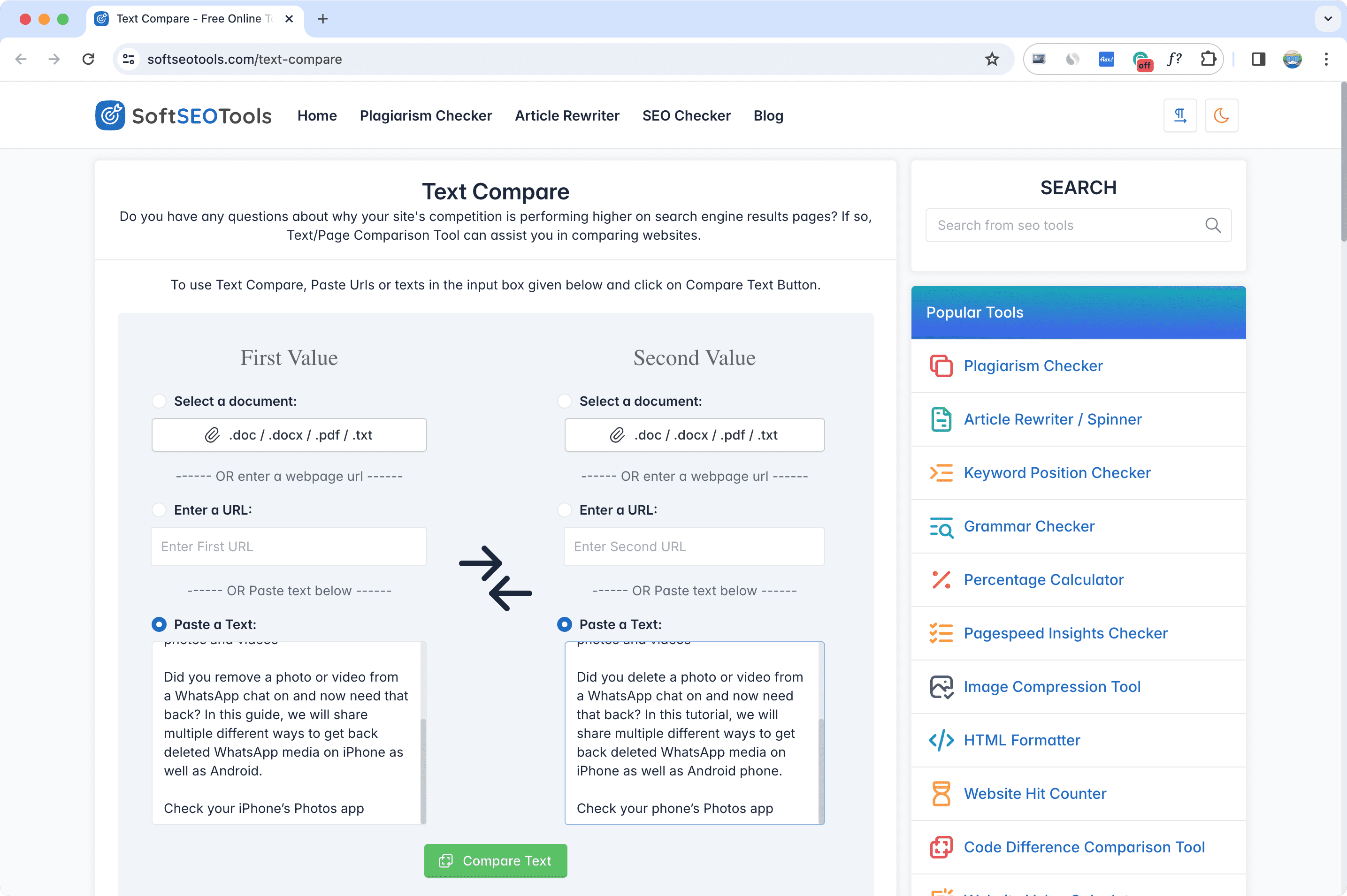 SoftSEOTools Text Compare on Mac